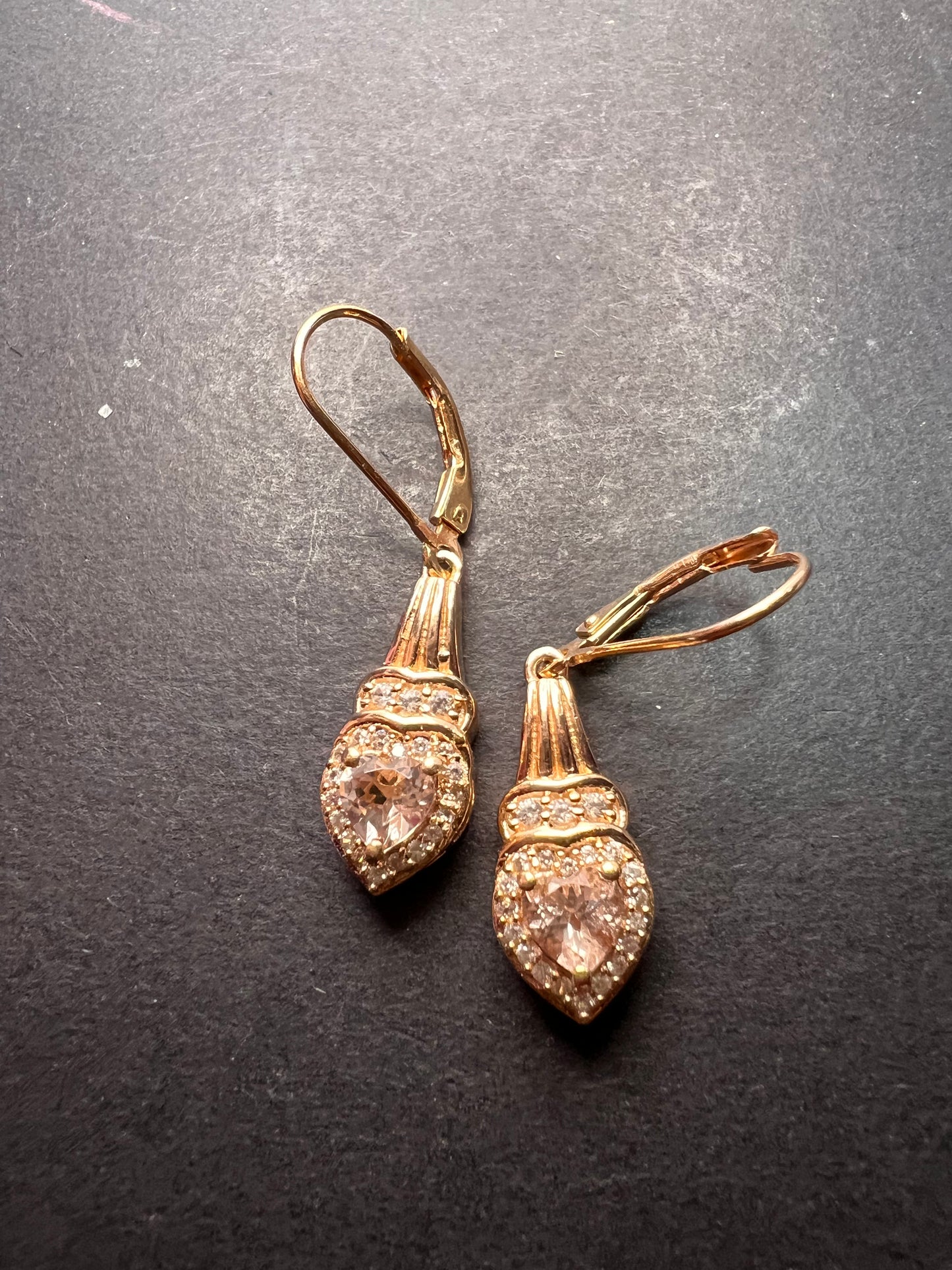 Marropino morganite and Cambodian zircon rose gold over sterling lever back heart drop earrings