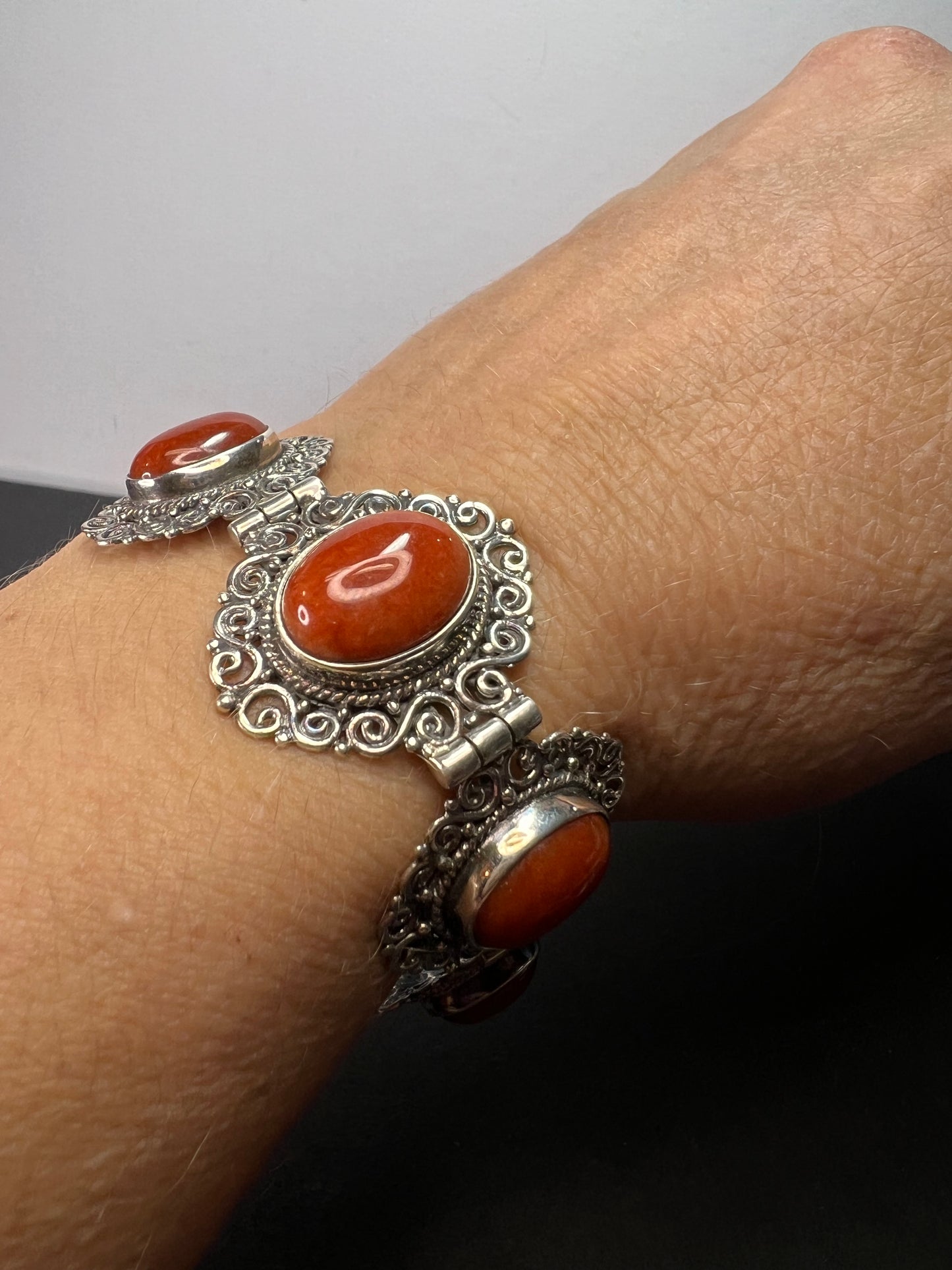 Red orange jade ornate sterling silver toggle bracelet