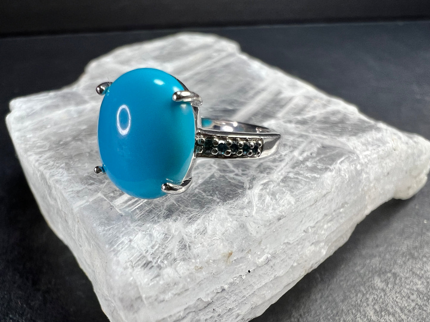 Sterling Silver Turquoise Ring with Blue Diamond Accents Size 6