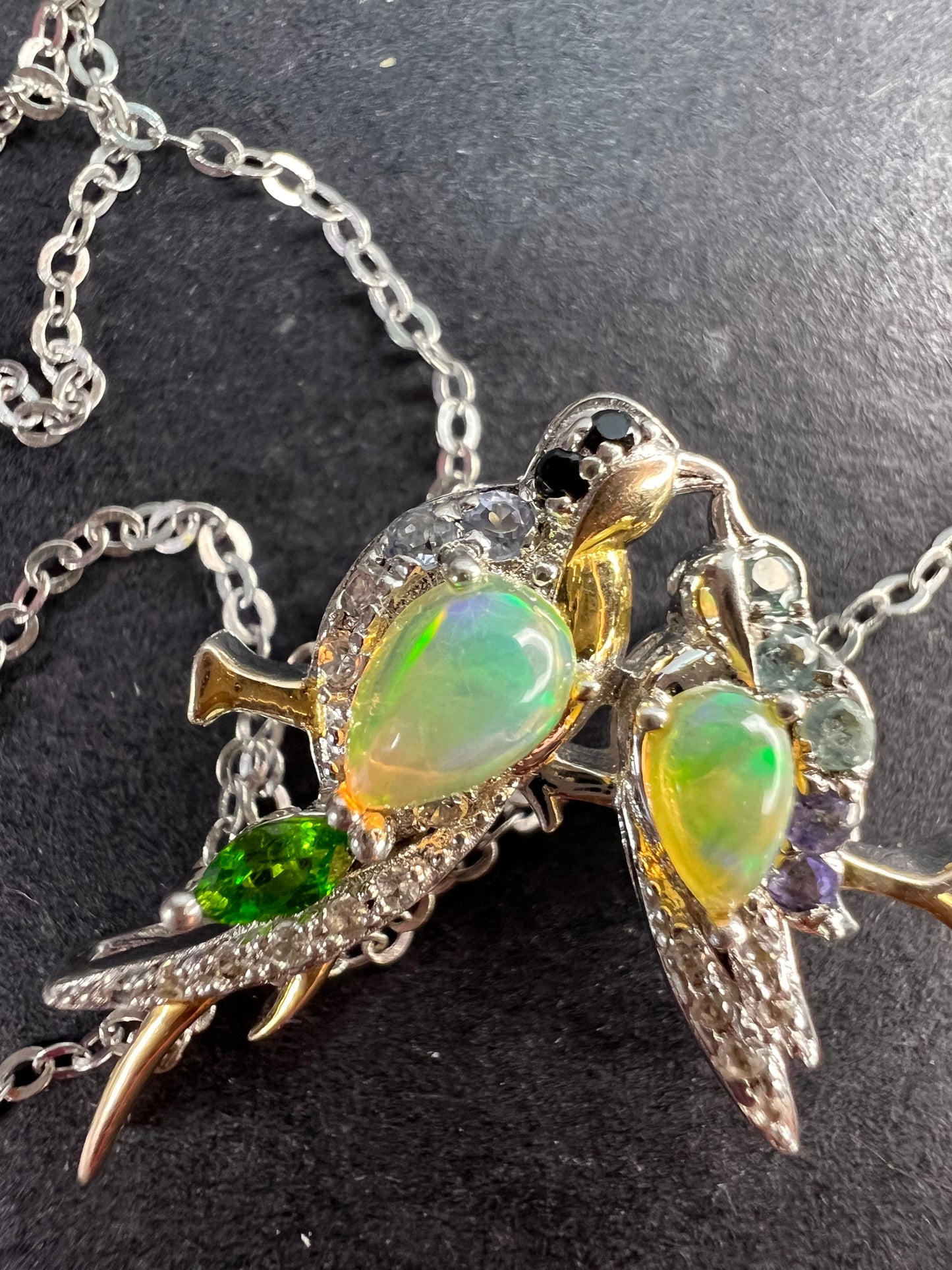 Ethiopian opal love birds multi gemstone two toned pendant and chain in gold and rhodium over sterling silver