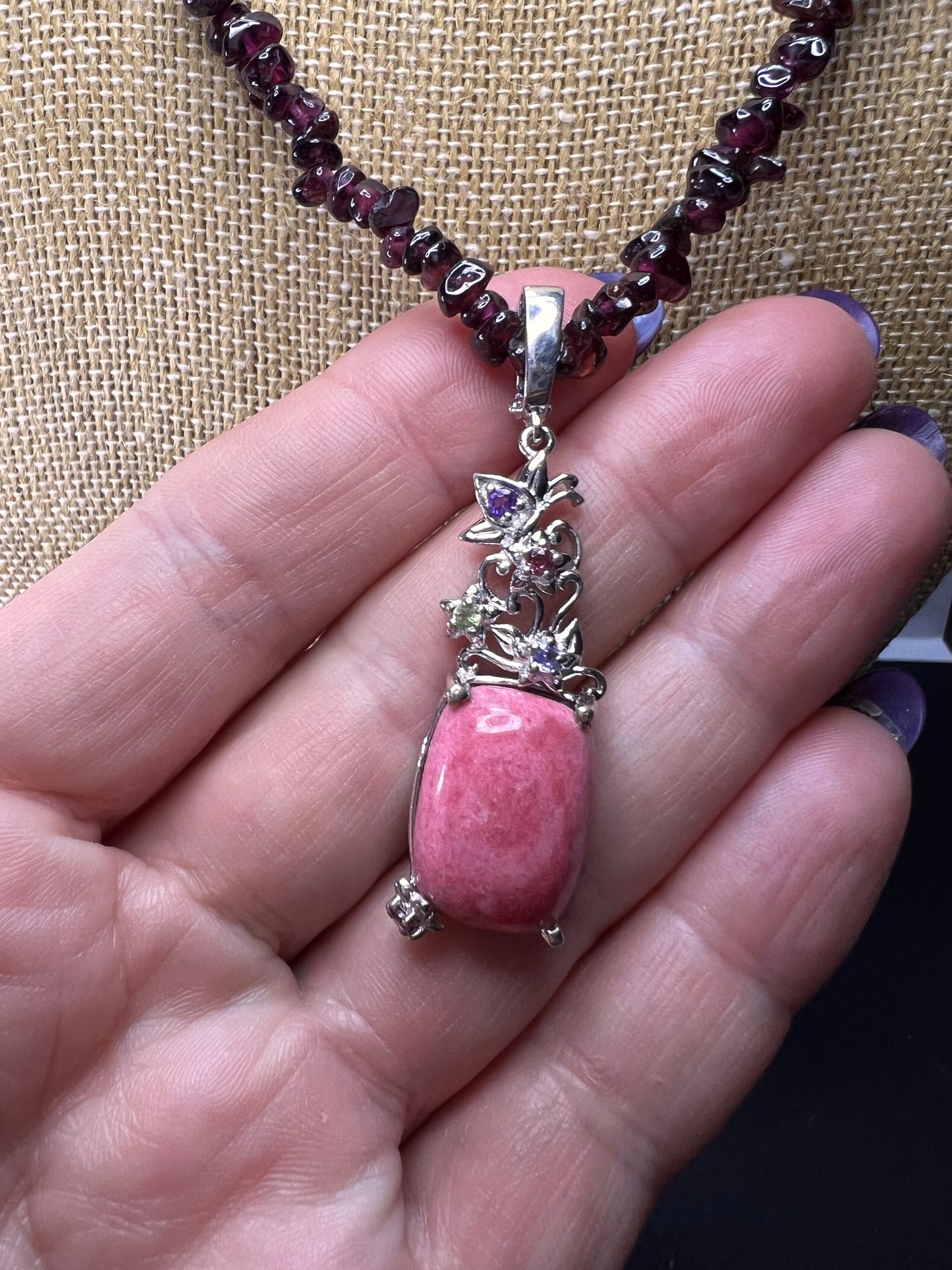 Norwegian Thulite and garnet chip necklace with sterling silver pendant and clasp