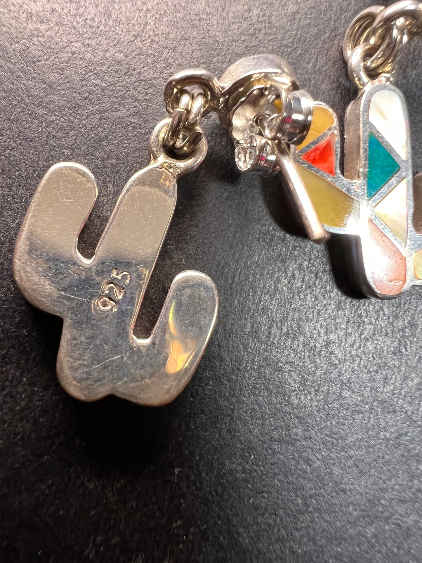 NEW Sterling Silver Peruvian Artistry Mosaic Cactus Earrings – Multi-Gemstone Inlay