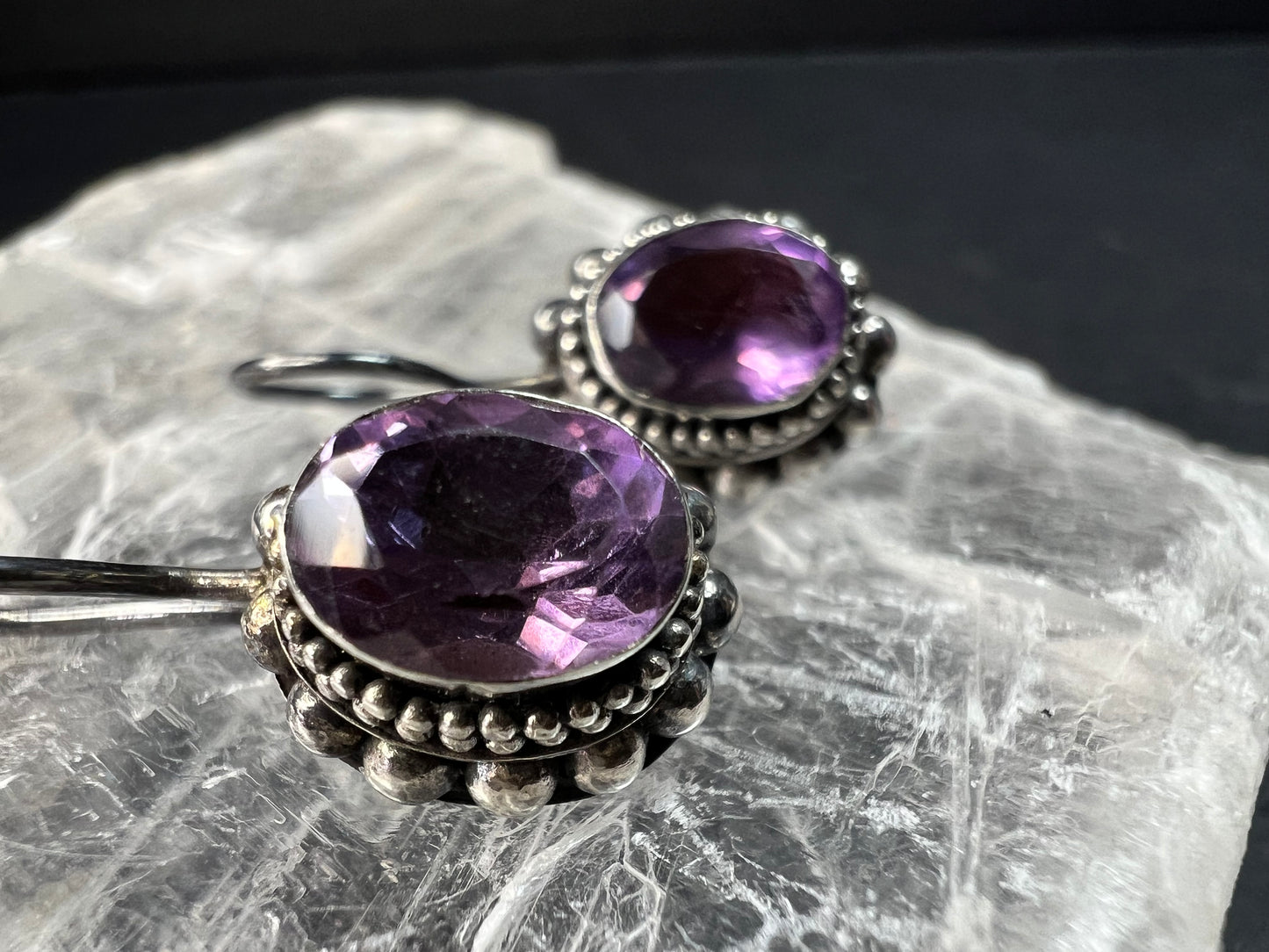 Vintage Balinese Sterling Silver Amethyst Drop Earrings Beaded Halo