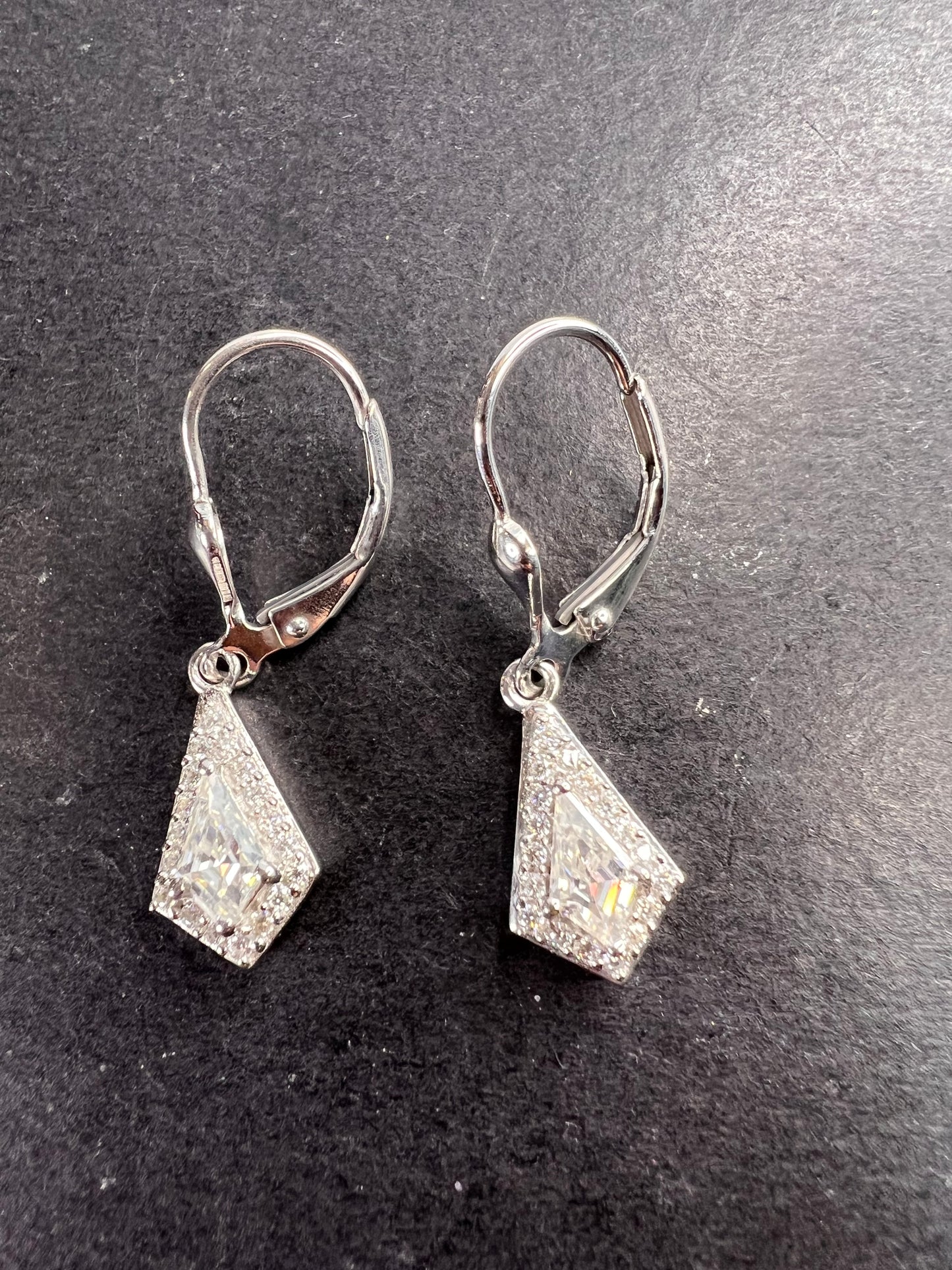 Moissanite lever back kite earrings in platinum over sterling silver *NEW*