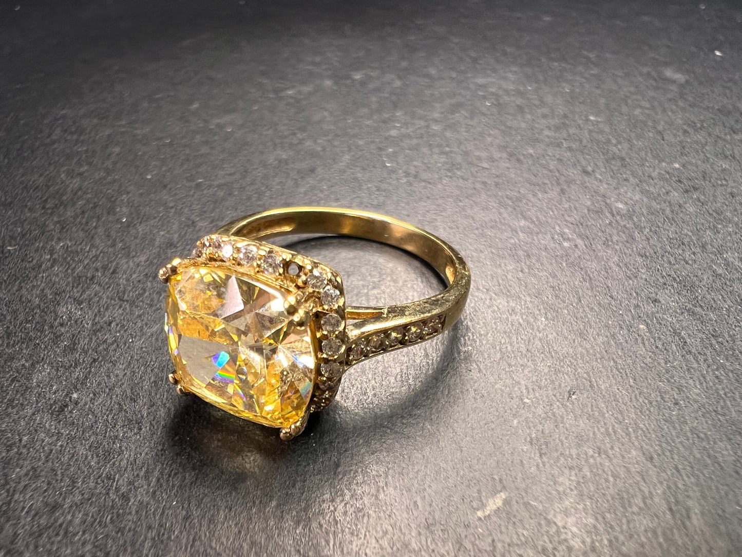 Yellow CZ halo ring in gold over sterling silver size 9