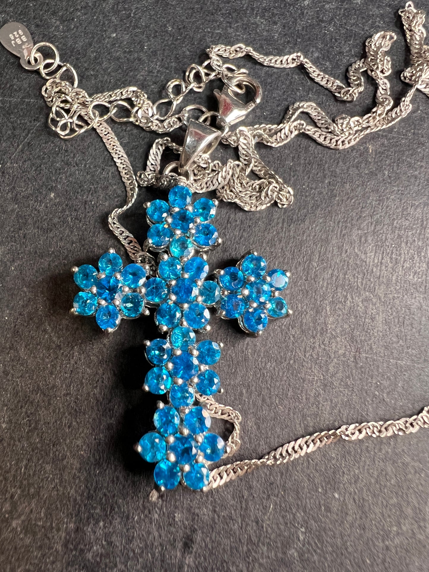 Neon Blue Apatite Rhodium Over Sterling Silver Cross Pendant With Chain 3.25ctw