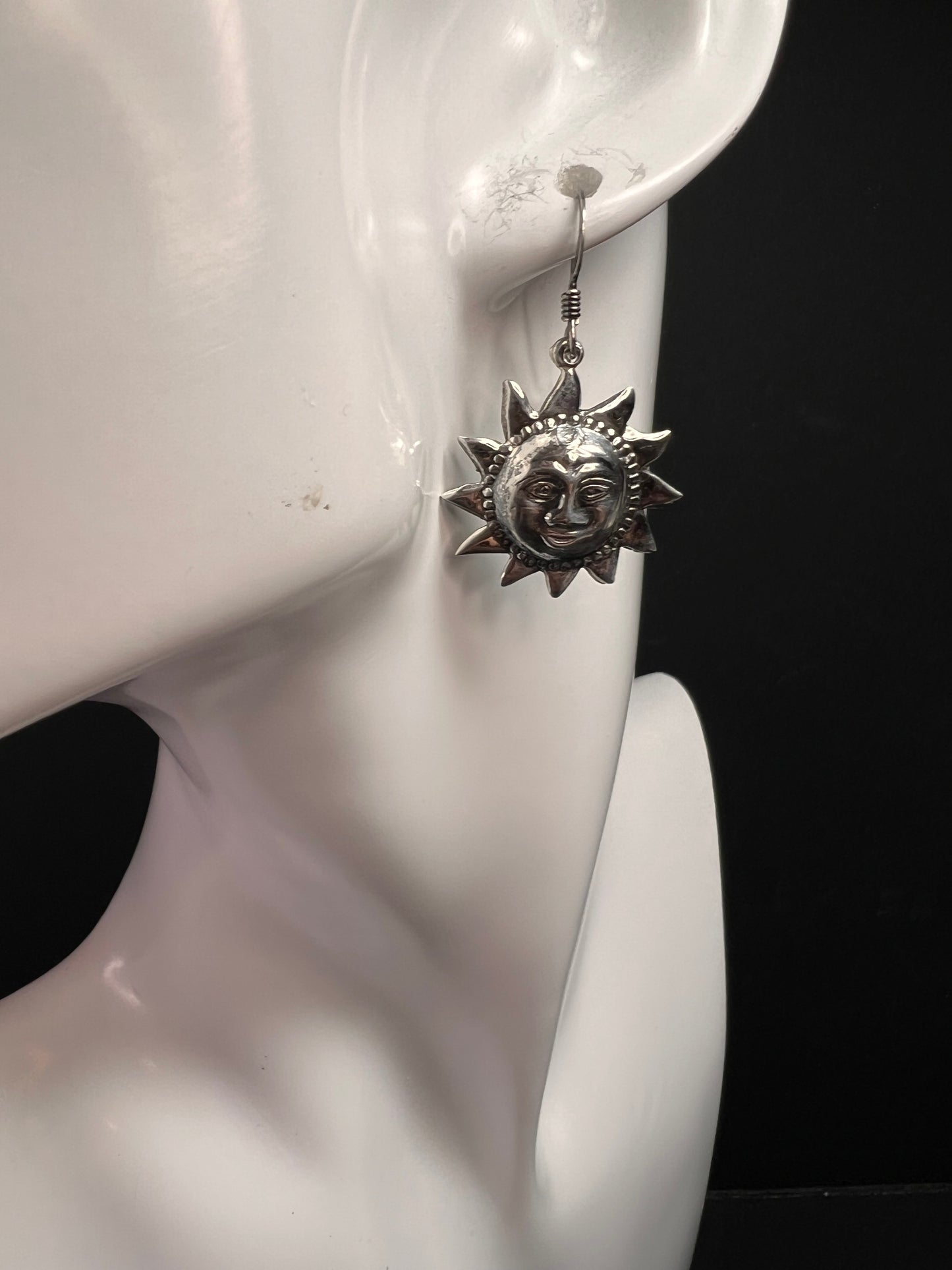 Vintage Sterling Silver Sun Face Dangle Earrings 925