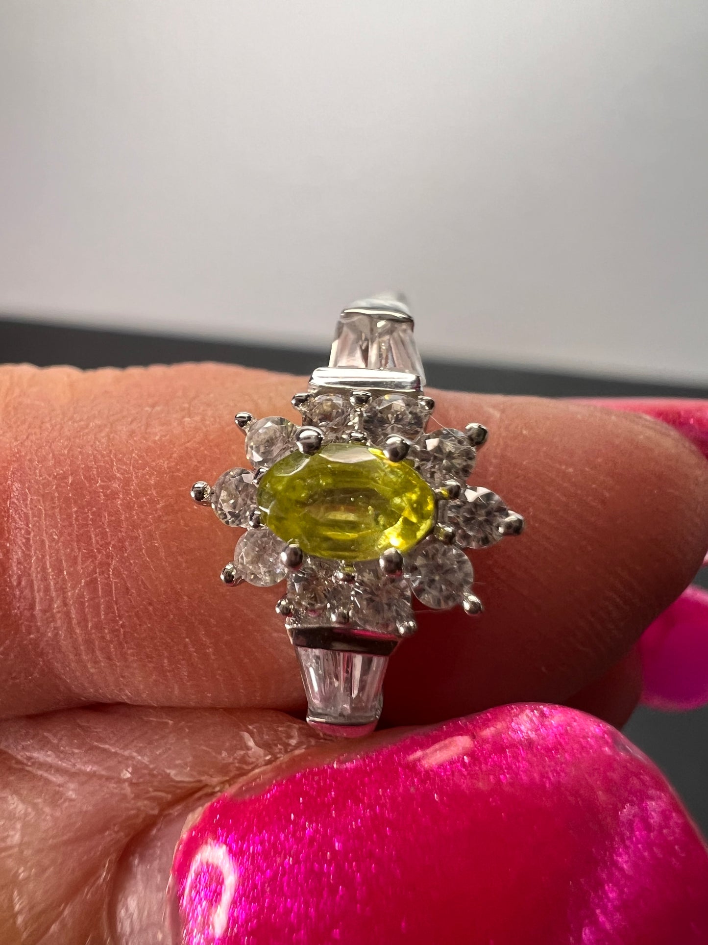 Sphene halo ring in rhodium over sterling silver size 5 *NEW*