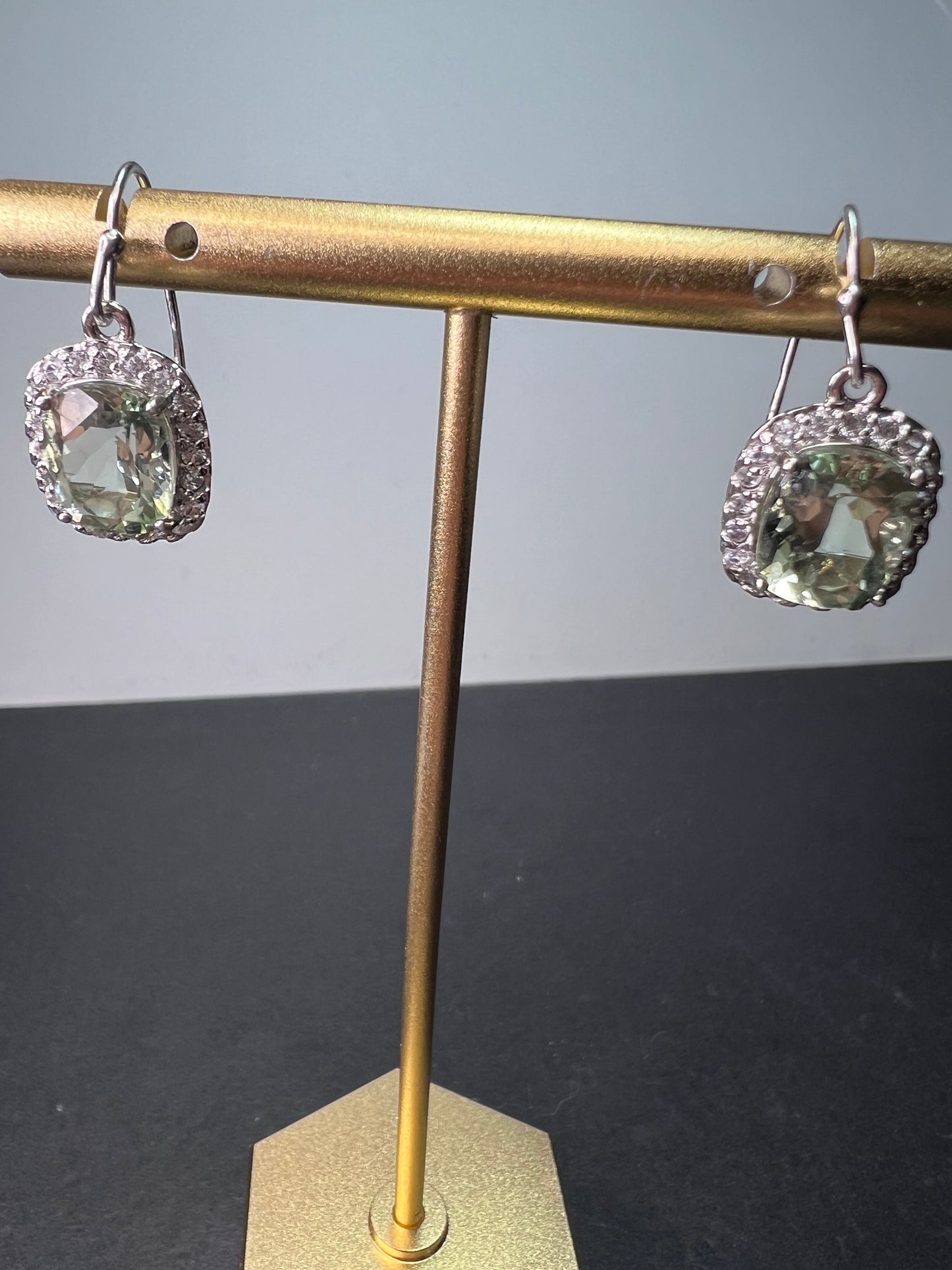 Prasiolite and zircon sterling silver halo earrings