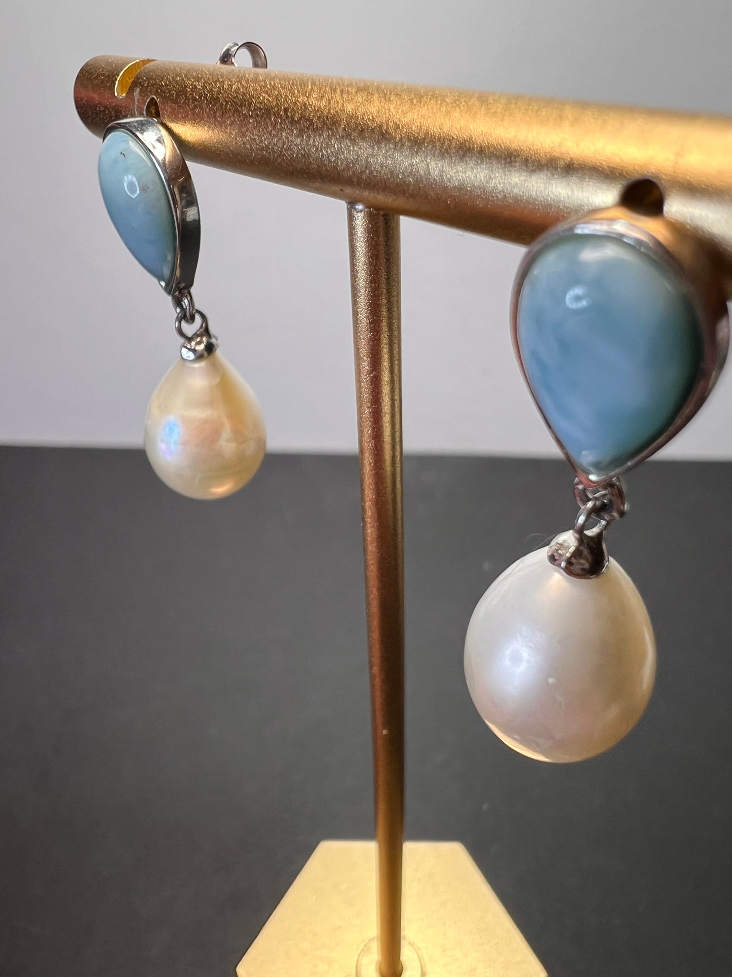 Larimar and pearl sterling silver teardrop earrings