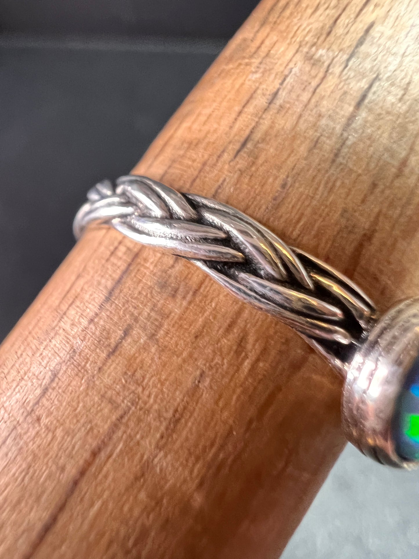 Sterling Silver Braided Band Ring with Lab Opal – Size 9