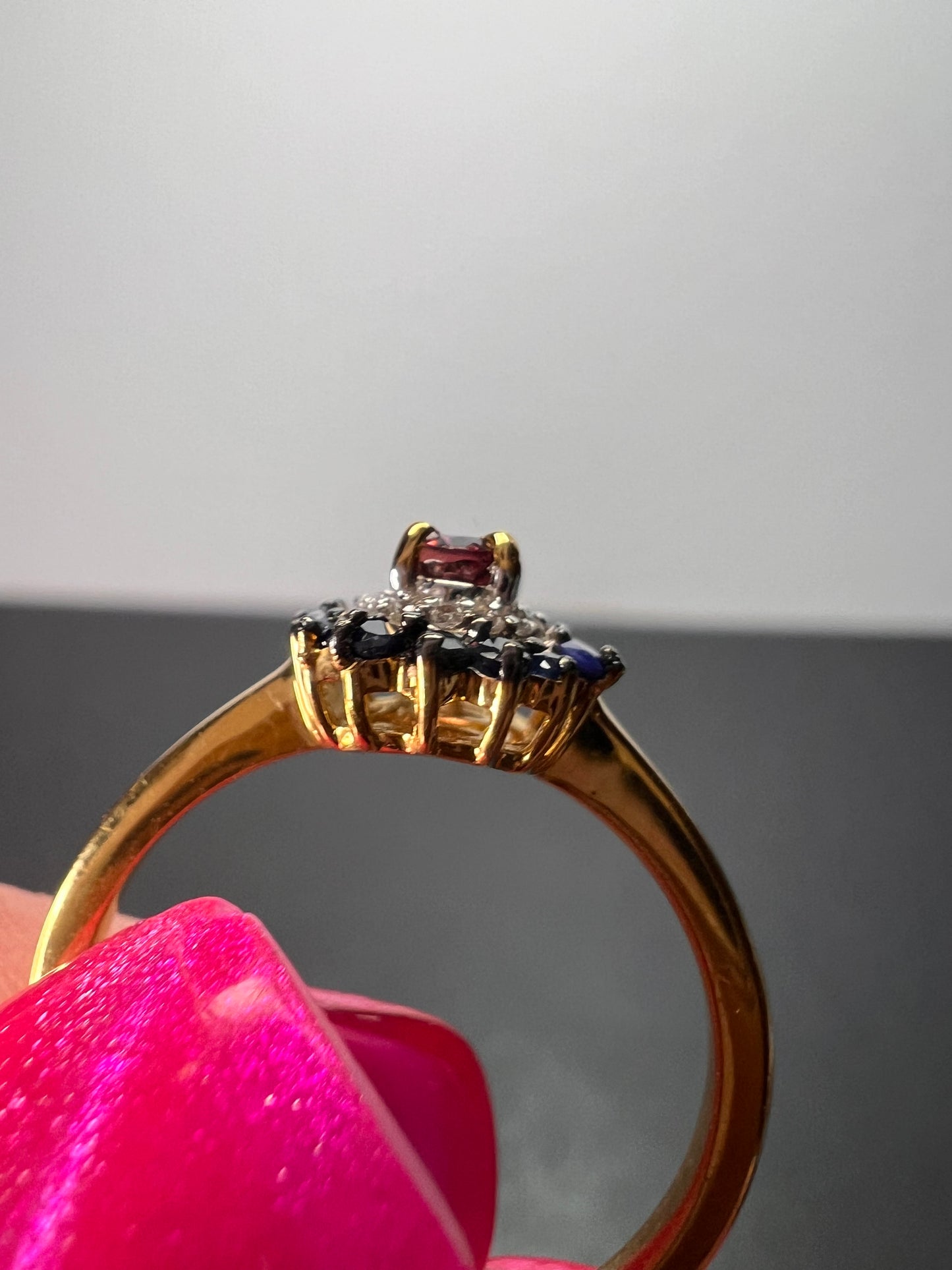 Ofiki rubellite and blue sapphire double halo ring in vermeil yellow gold over sterling silver size 8