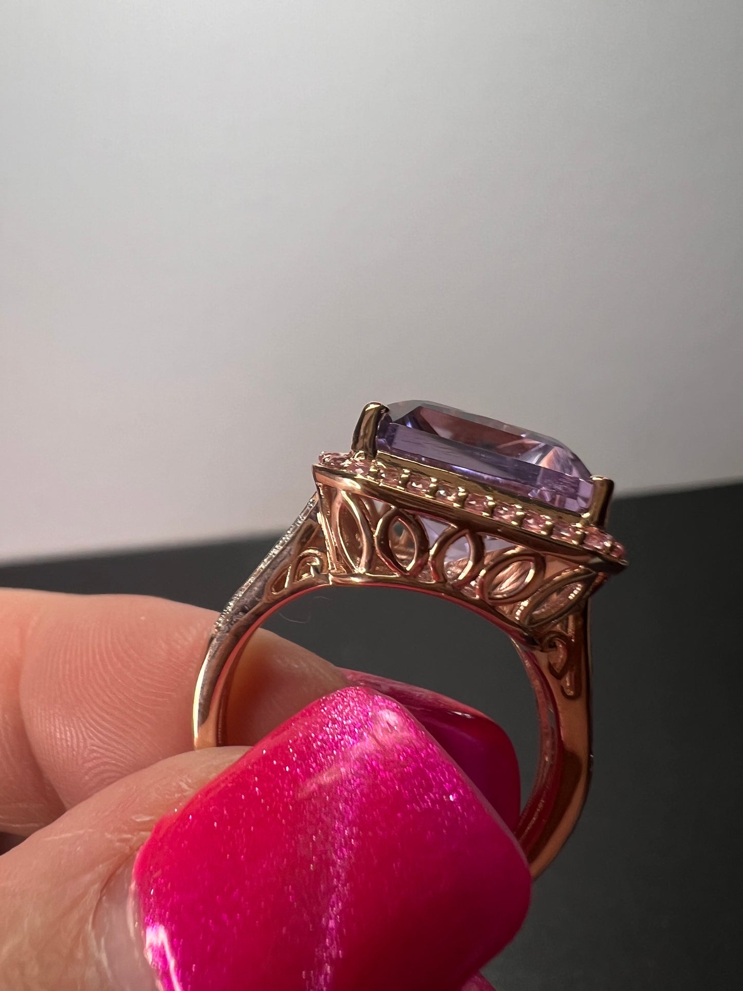 Radiant cut rose de France amethyst and pink sapphire halo ring in rose gold vermeil over sterling silver size 8 *NEW*