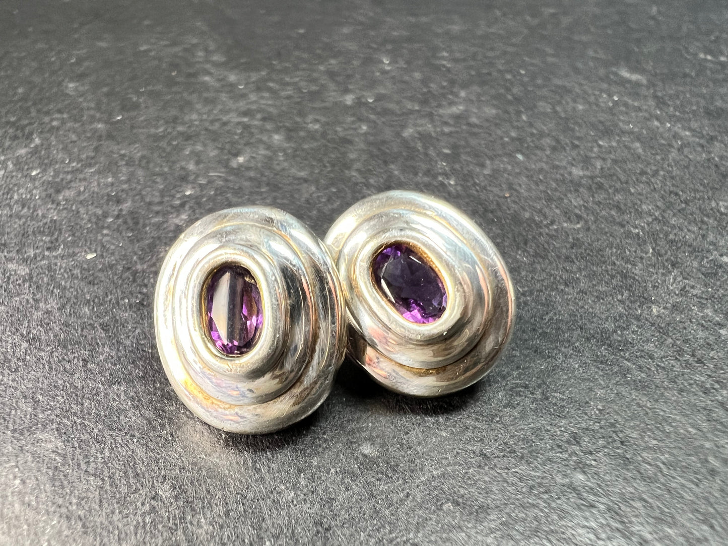 Vintage Sterling Silver Amethyst Modernist Stud Earrings