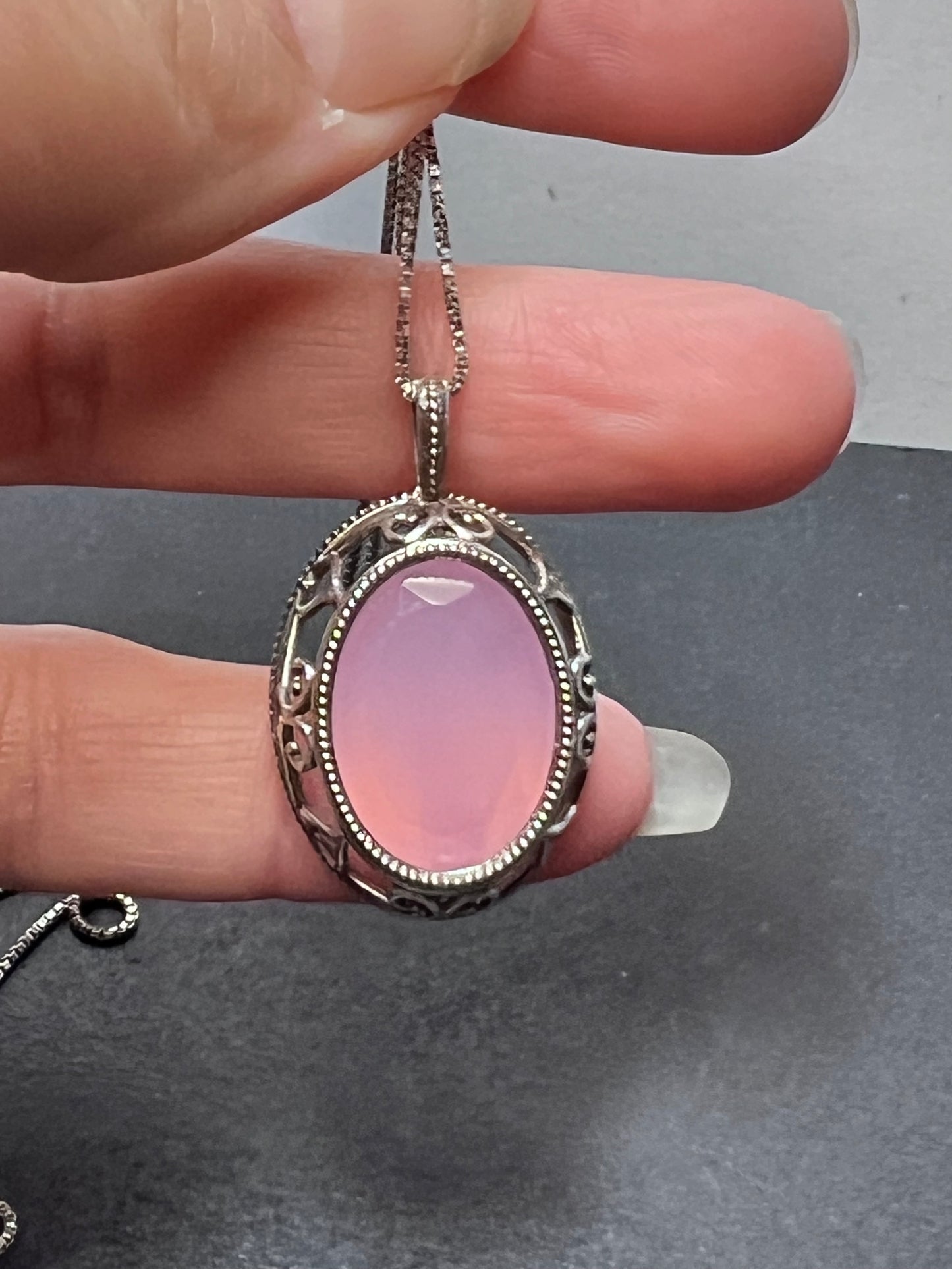 Pink chalcedony sterling silver pendant and 18 inch chain Becky