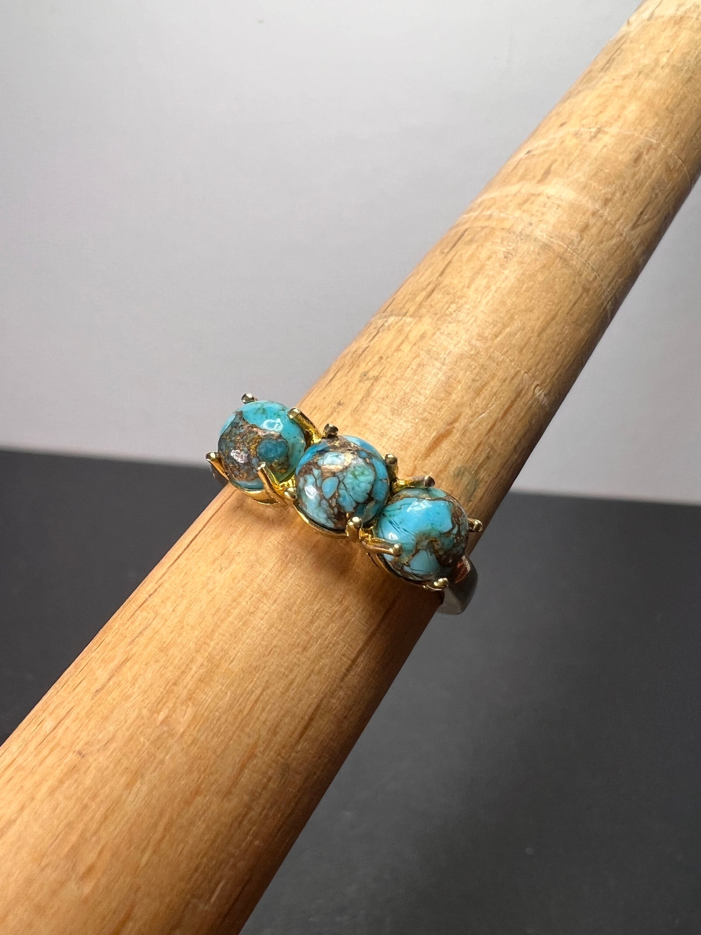 Blue composite turquoise trilogy ring in gold over sterling silver size 9