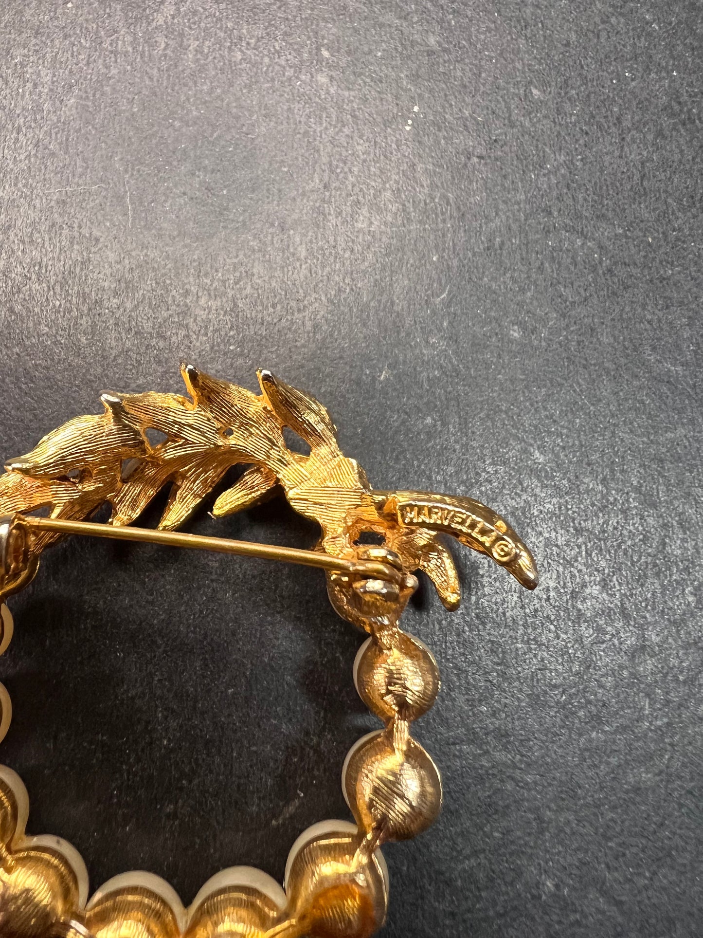 Vintage Marvella Faux Pearl Gold Tone Wreath Brooch Mid Century