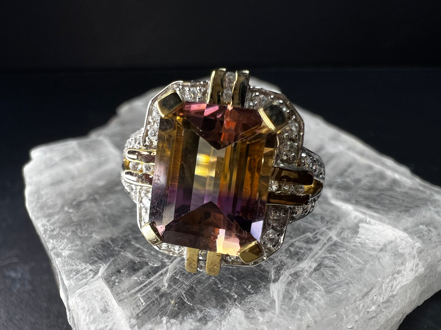 Vintage Ametrine Emerald Cut Ring Gold Over Sterling White Zircon Size 7