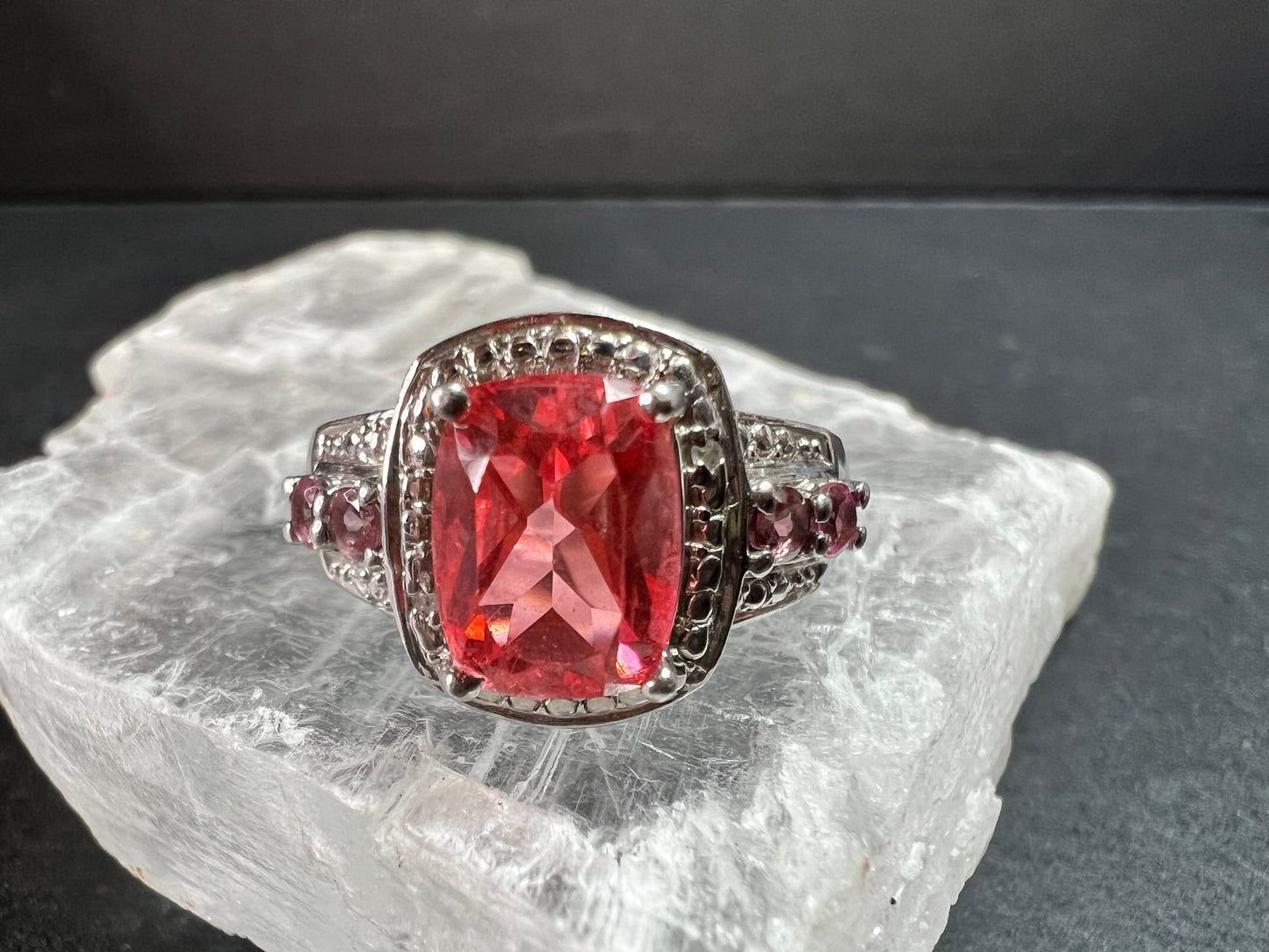 Sterling Silver Peach Red Quartz Doublet & Pink Tourmaline Ring 8.75