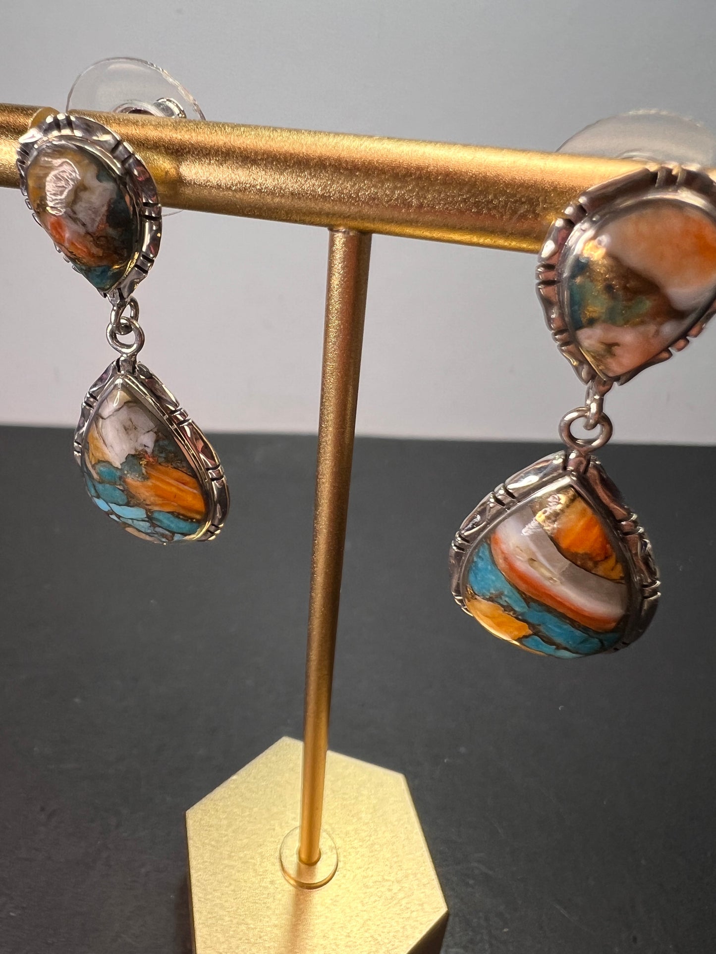 Southwest style blended turquoise and spiny oyster sterling silver teardrop earrings *NEW*