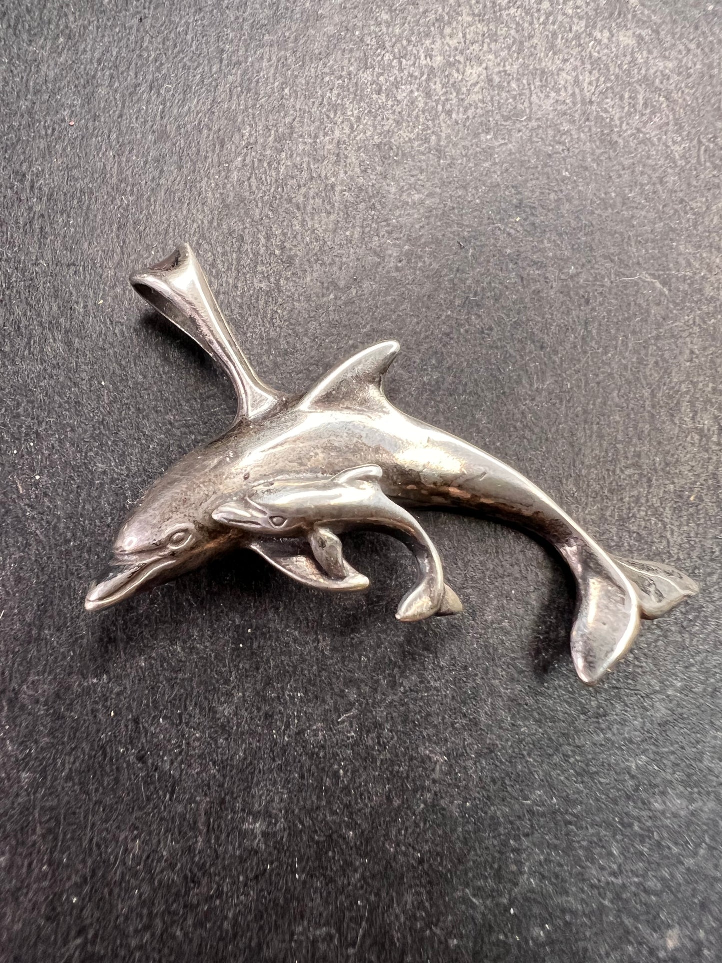 Vintage Sterling Silver Dolphin & Calf Pendant Charm Dead Stock