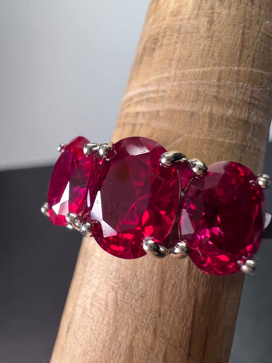 Lab created ruby and silver triple stone ring size 8