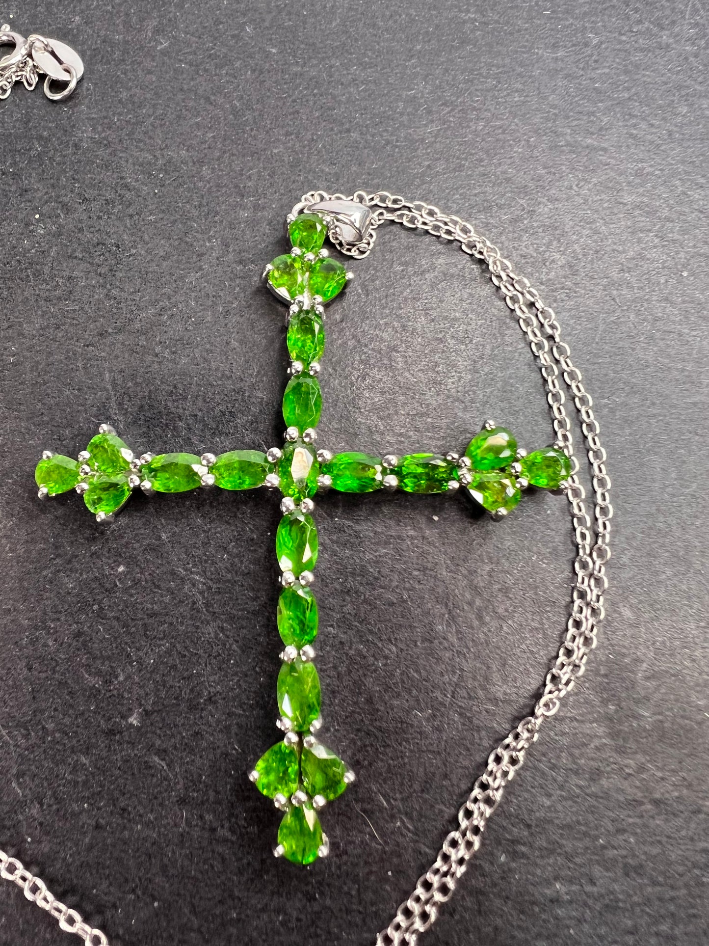 Chrome diopside cross pendant and chain in sterling silver