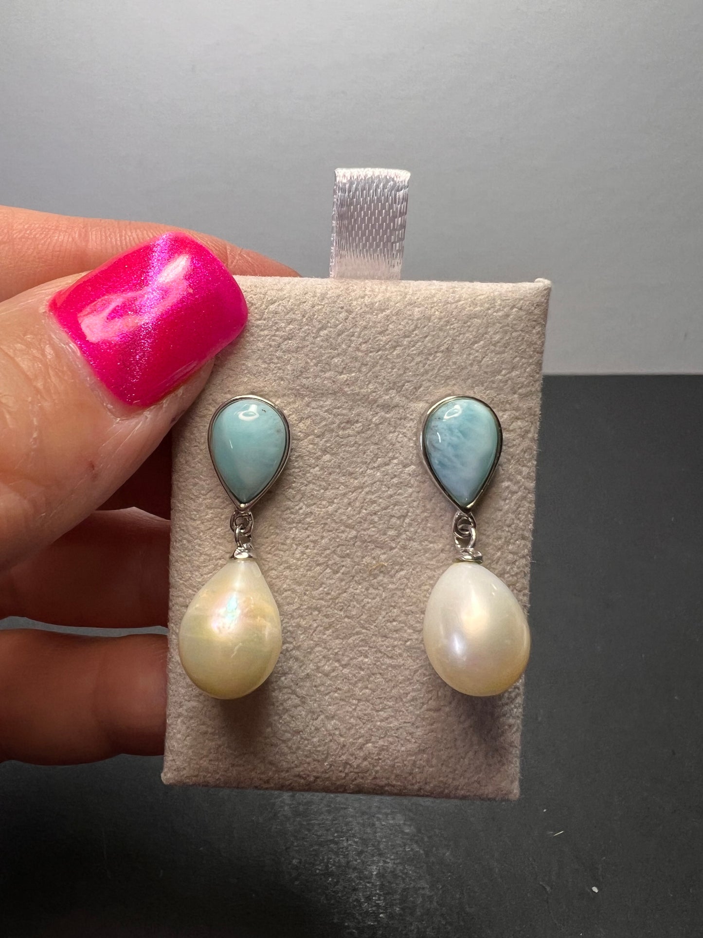 Larimar and pearl sterling silver teardrop earrings