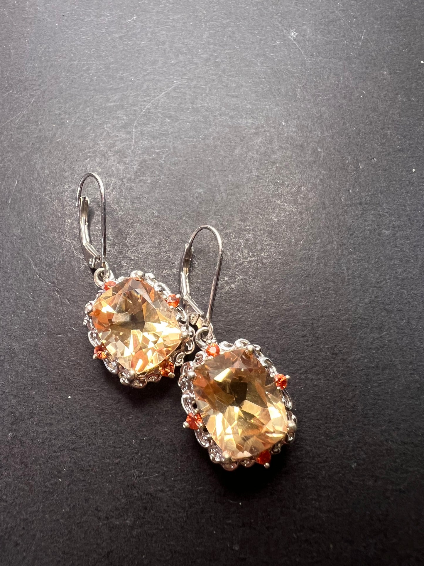 Morganite quartz and orange spinel sterling silver lever back earrings OOP