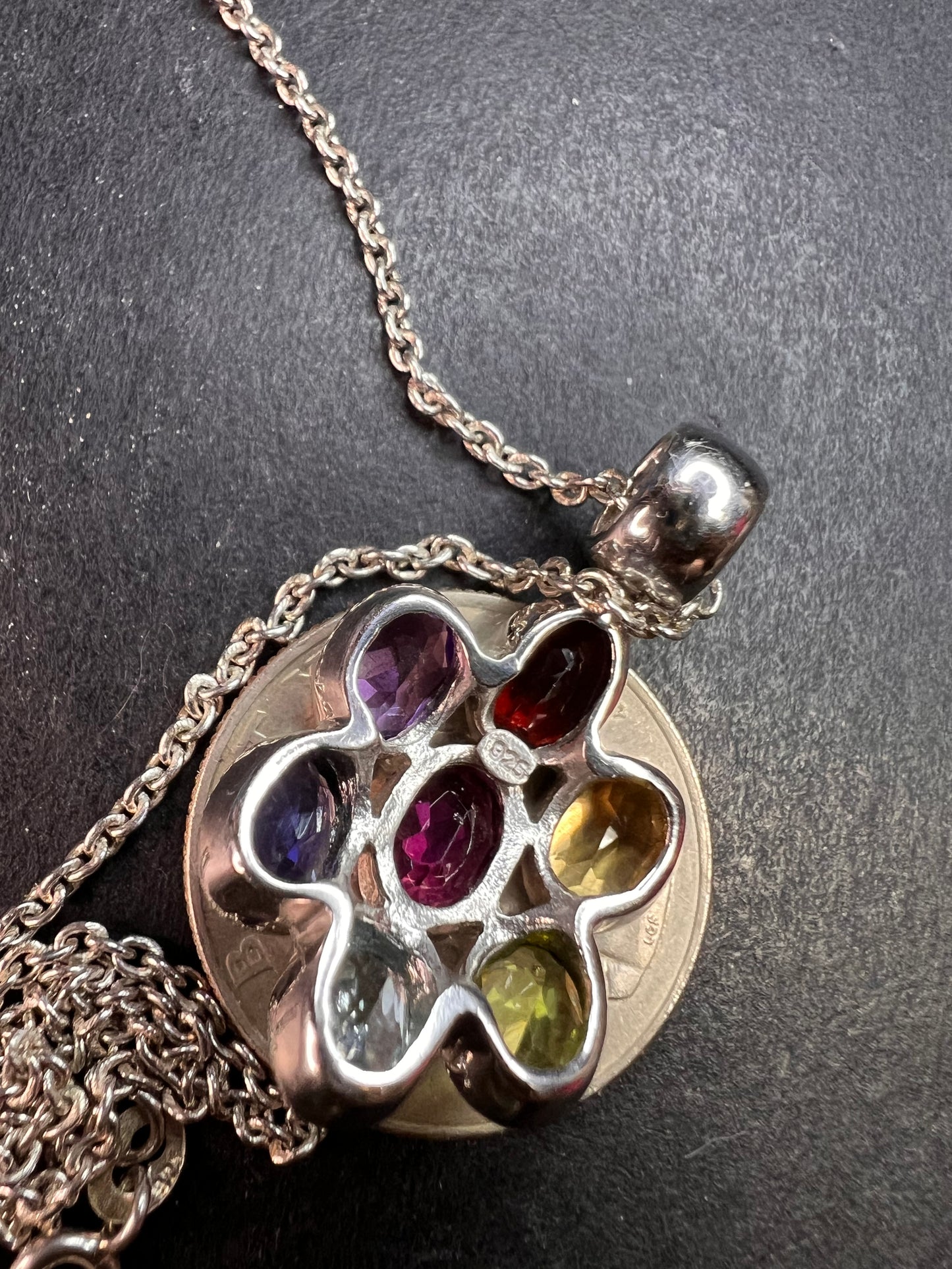 Vintage multi gemstone cluster pendant necklace in sterling silver