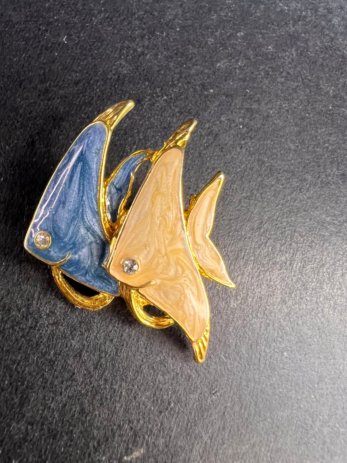 Vintage MCJ Signed Exotic Fish Gold Tone Brooch Pin - Rhinestones, Enamel