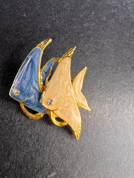 Vintage MCJ Signed Exotic Fish Gold Tone Brooch Pin - Rhinestones, Enamel