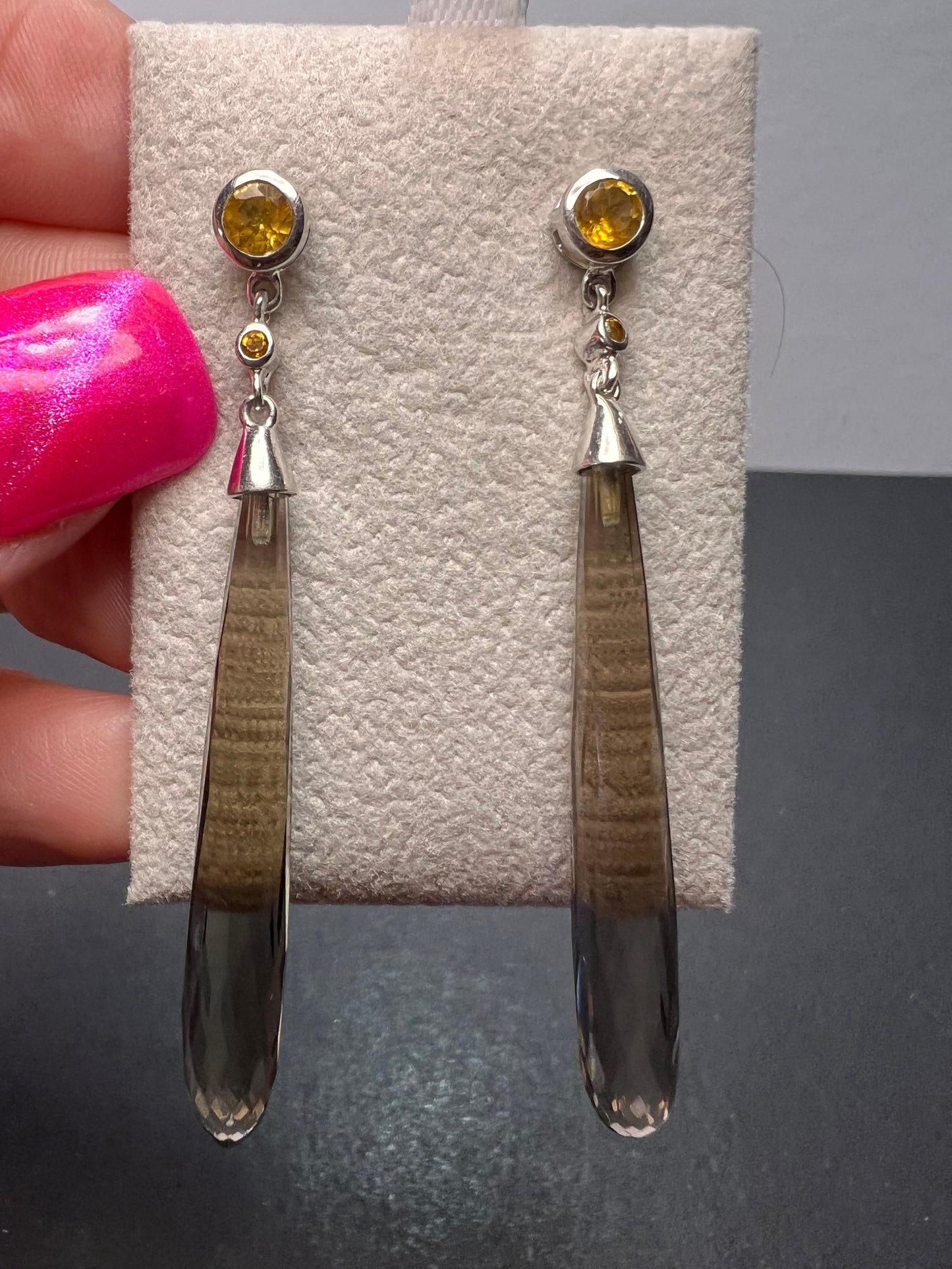 Smoky quartz and citrine sterling silver long dangle earrings