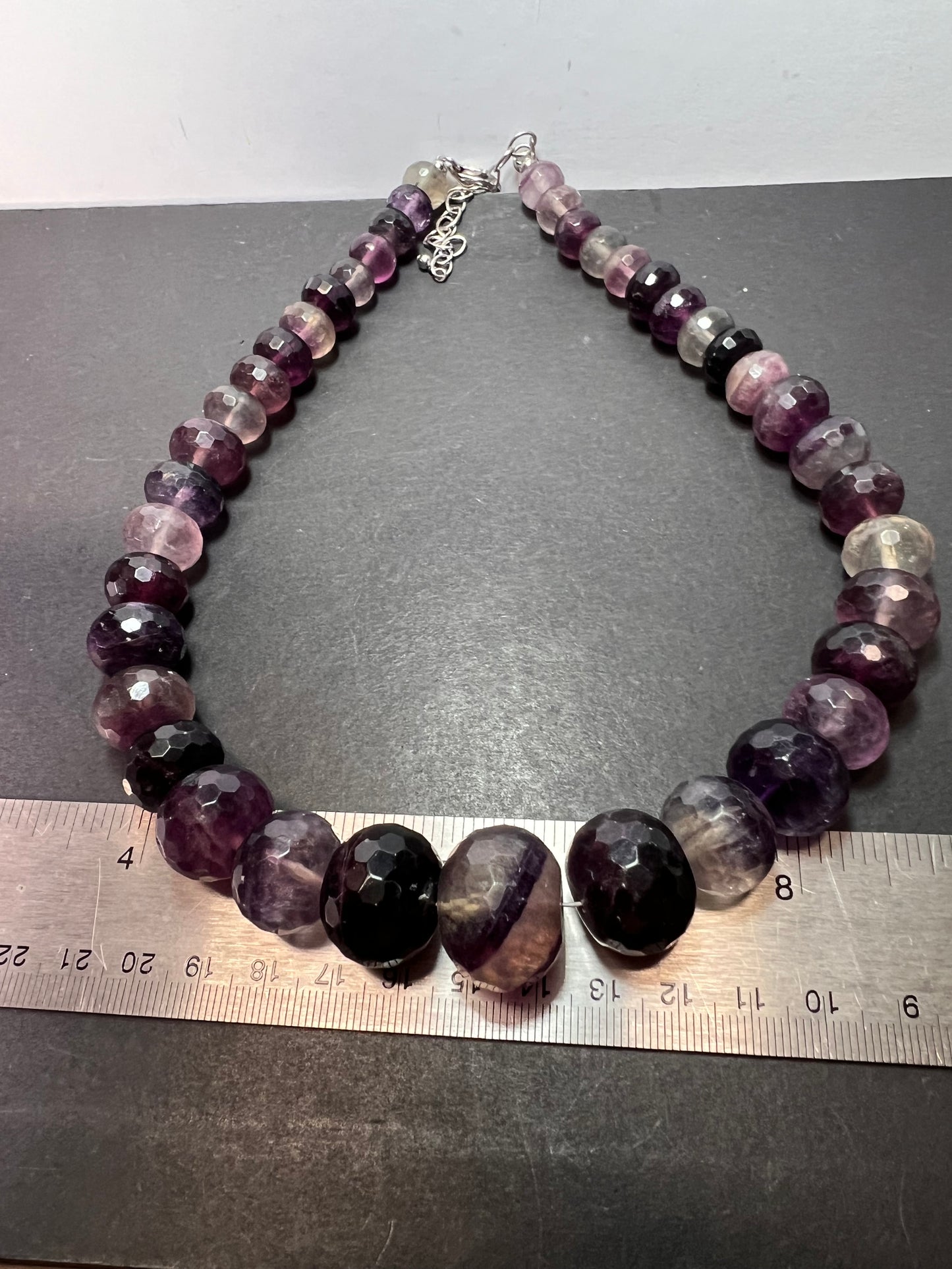 Rainbow and purple fluorite faceted beaded statement necklace with 925 lobster clasp