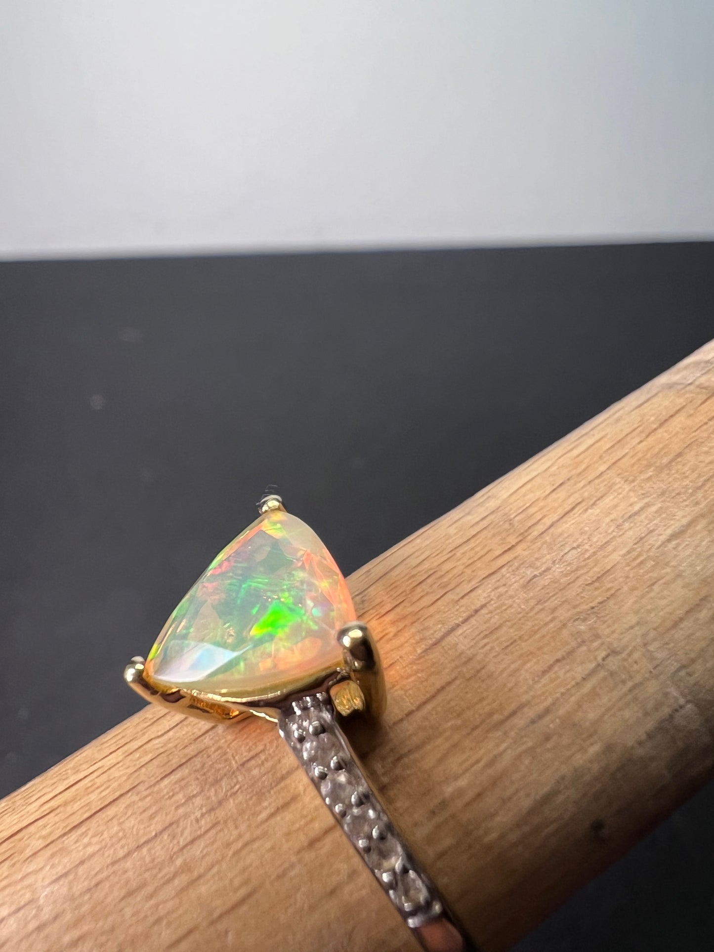 10k gold trilliant cut Ethiopian opal ring size 9