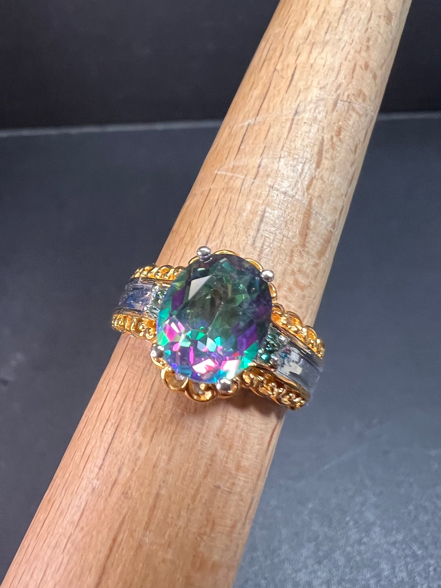 NEW green mystic topaz two toned sterling silver ring size 8