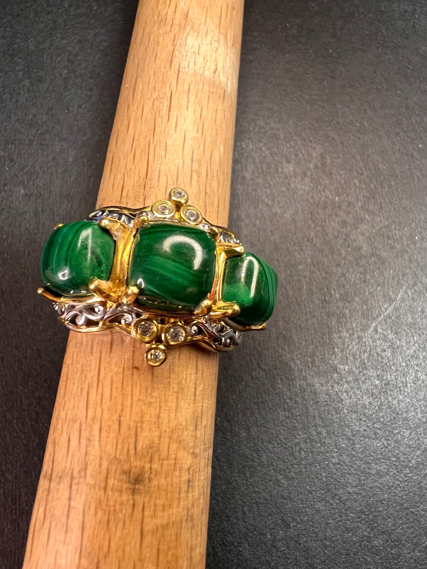 NEW Malachite and zircon two toned ring in vermeil and rhodium over sterling silver size 7