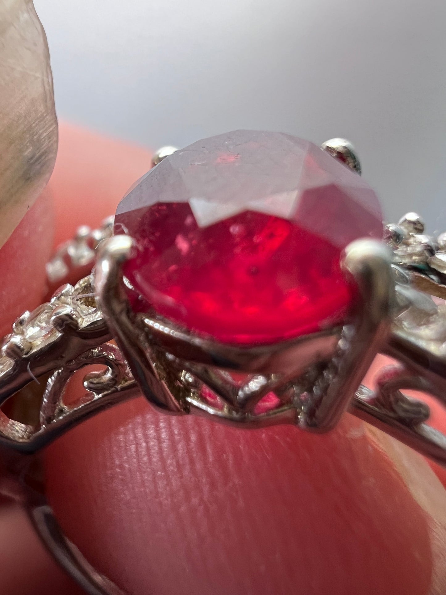 Ruby and zircon crisscross sterling silver ring size 9