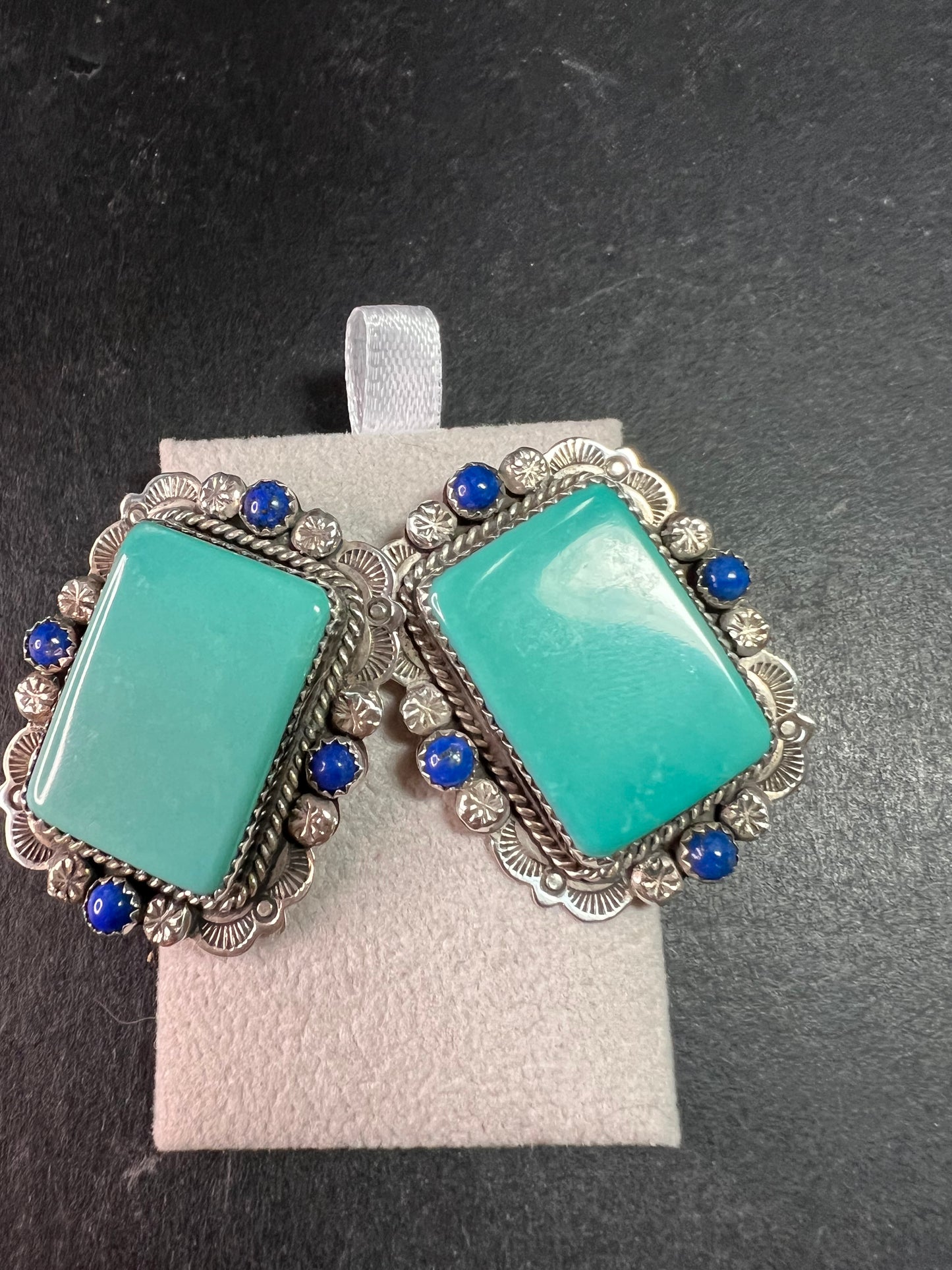 Signed Vintage Dead Stock Bernyse Chavez Sterling Turquoise Lapis Earrings