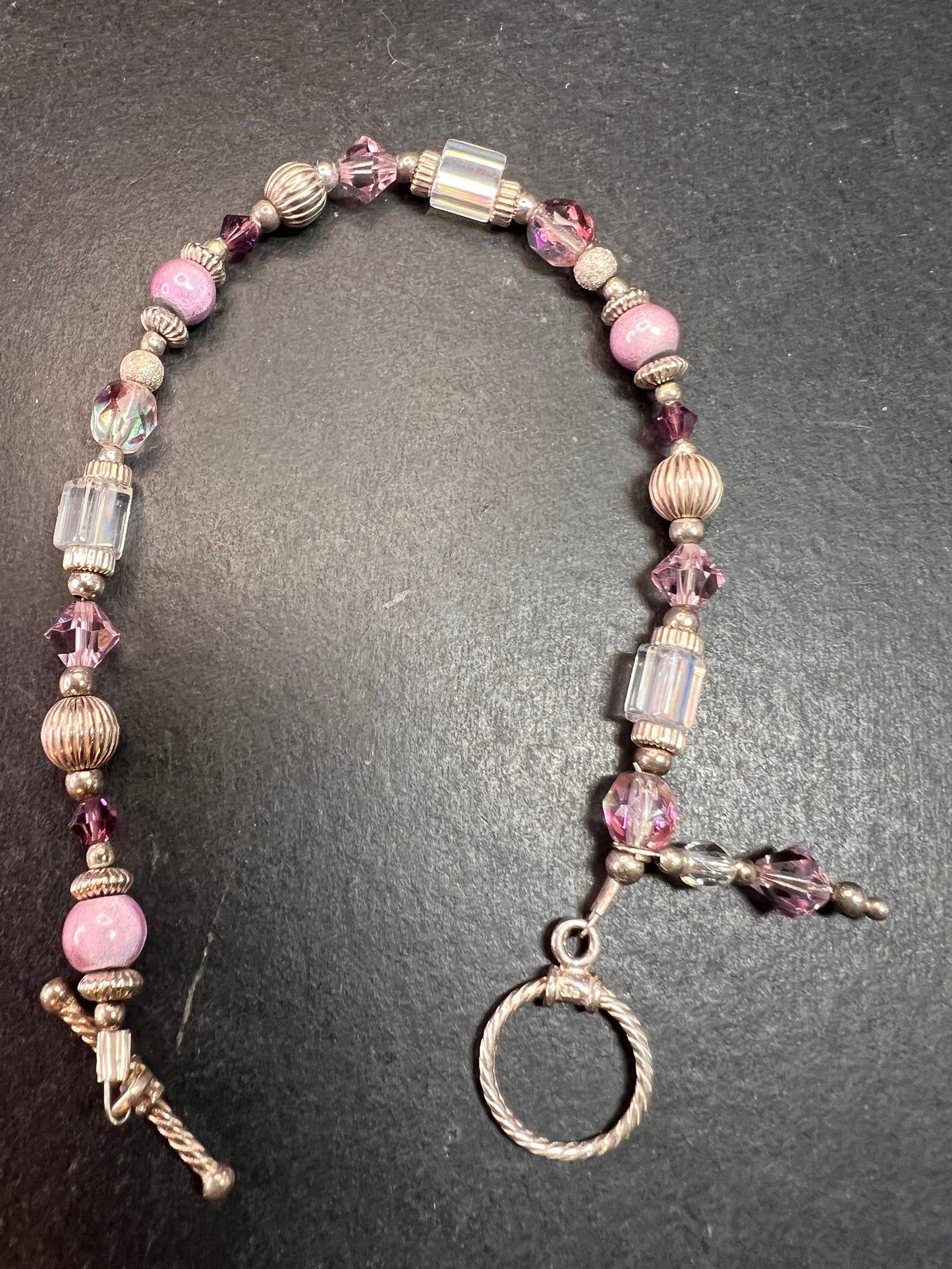 Vintage Sterling Silver Toggle Bracelet with Purple Crystal & Lampwork Beads