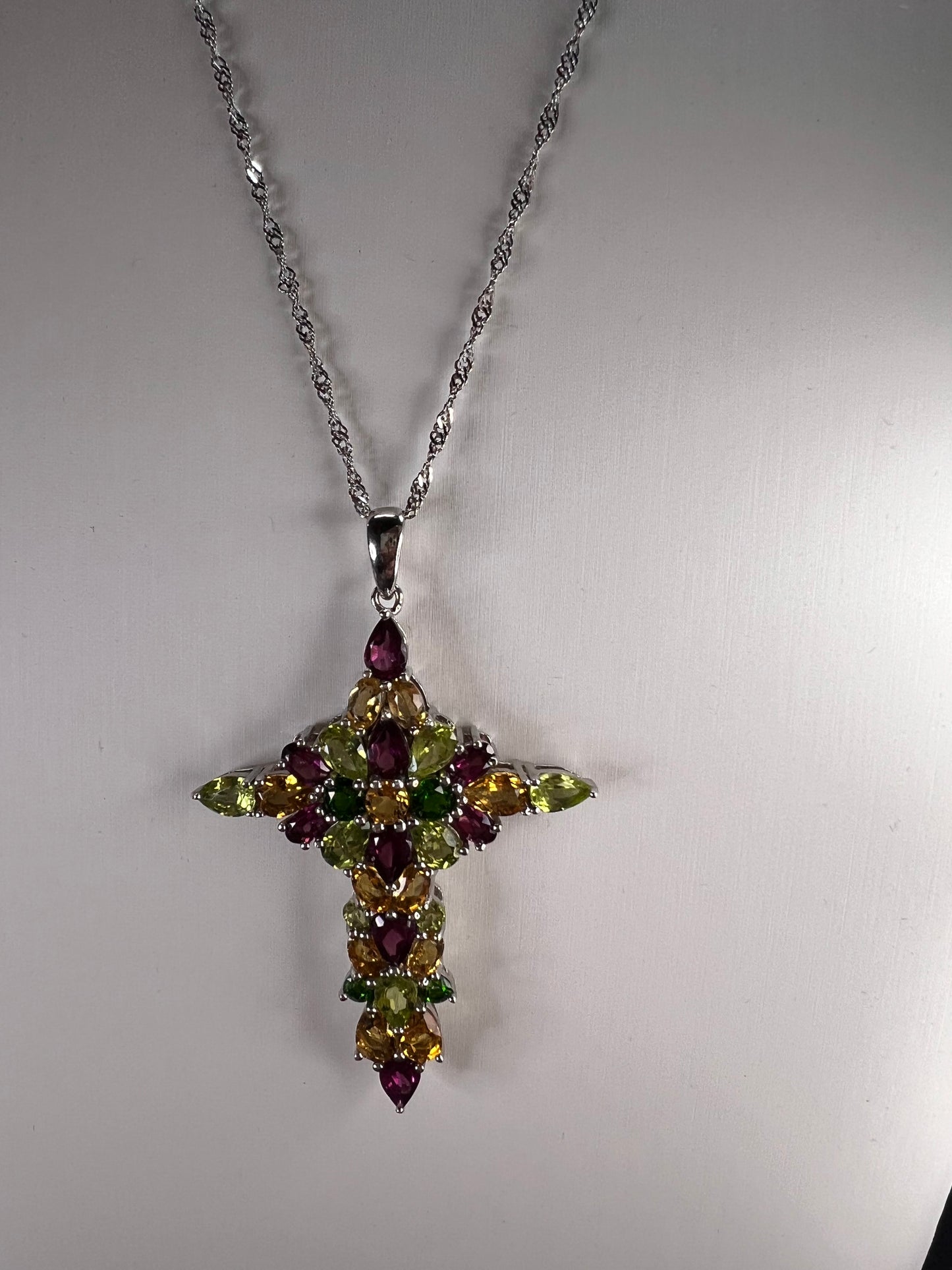 Multi-Gem Rhodium Over Sterling Silver Cross Pendant with Chain 10.01ctw