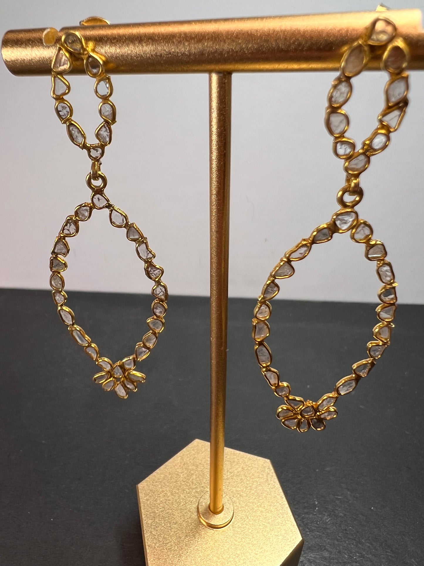 Polki diamonds chandelier earrings in gold over sterling silver