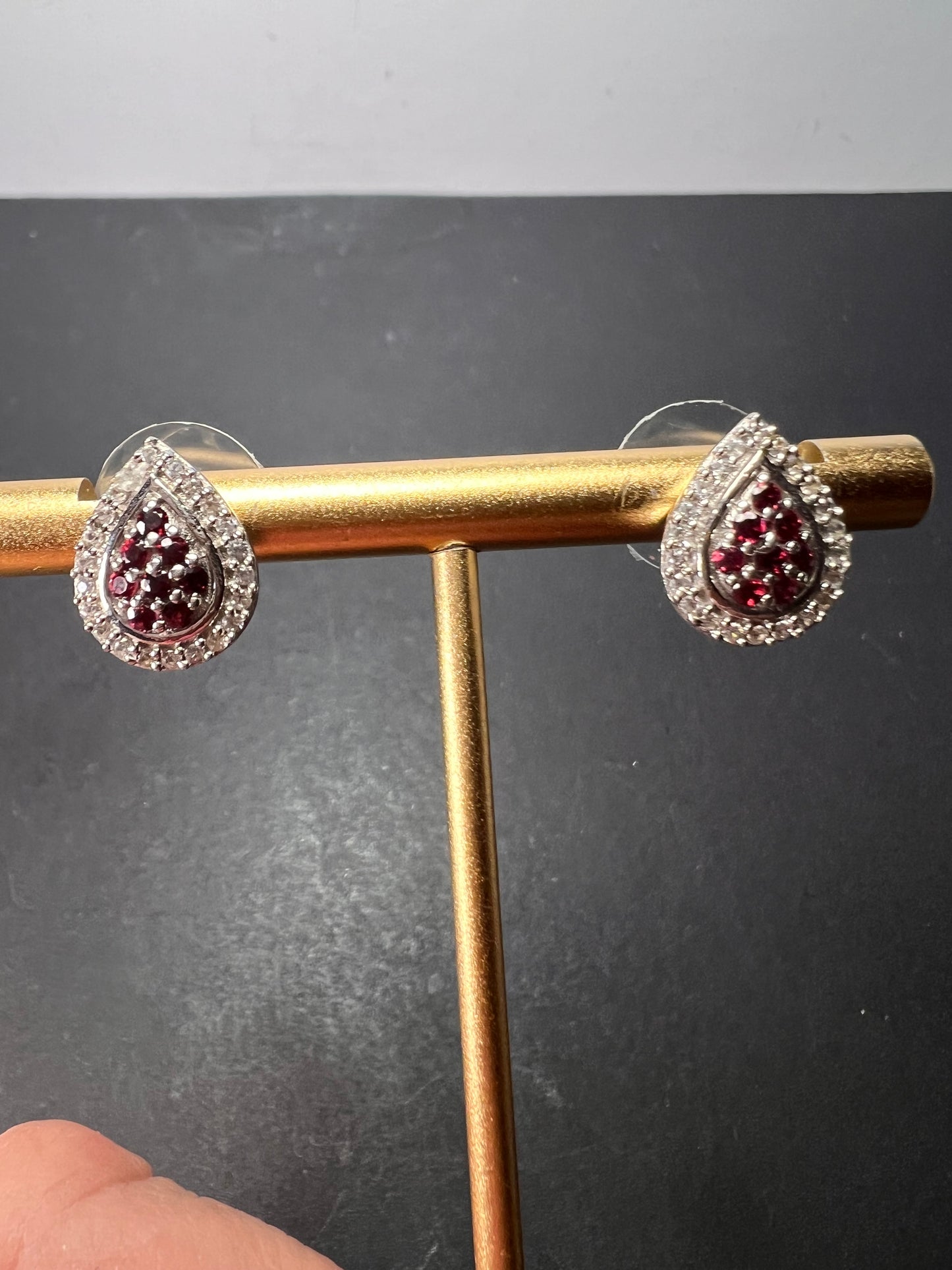 Red garnet and white topaz teardrop sterling silver post halo earrings