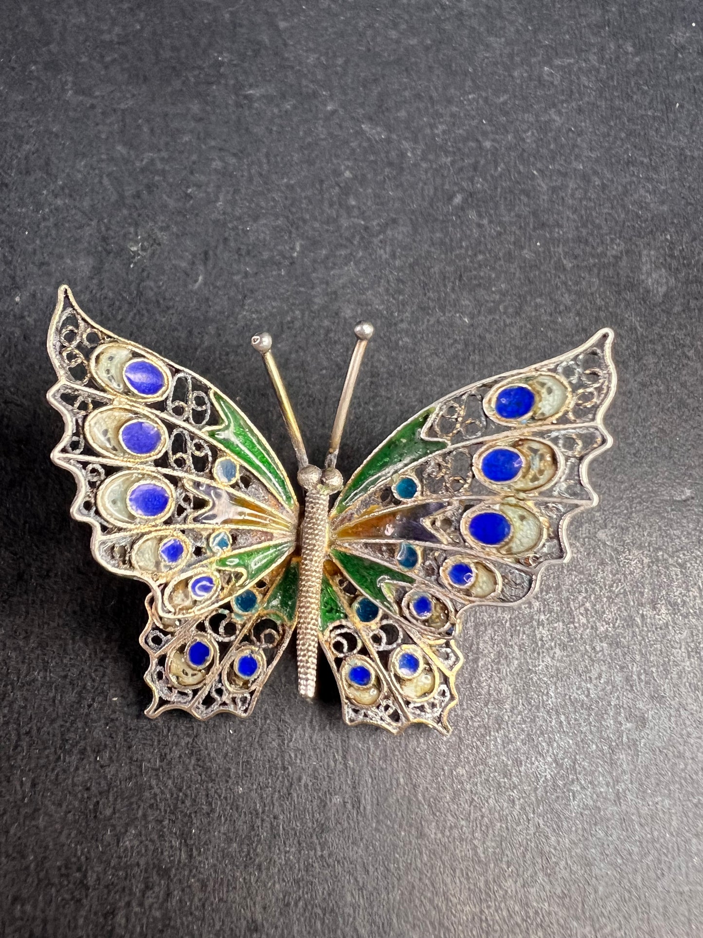 Vintage Alieti Adriana 800 silver Italian enameled filigree butterfly brooch pin