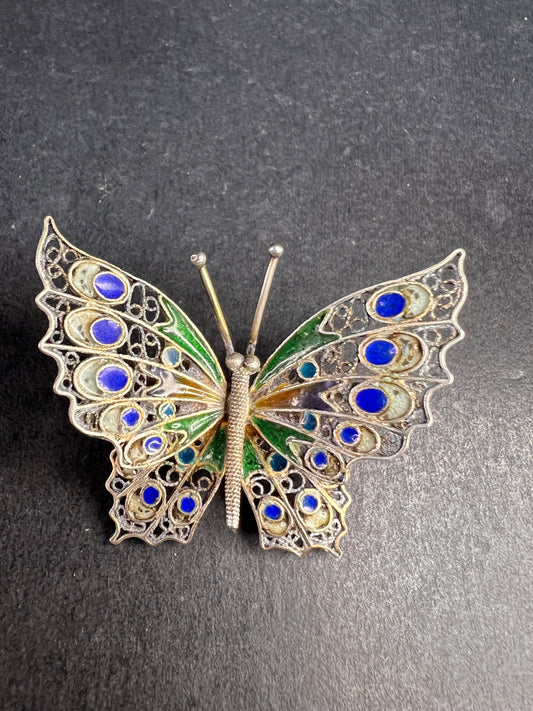 Vintage Alieti Adriana 800 silver Italian enameled filigree butterfly brooch pin