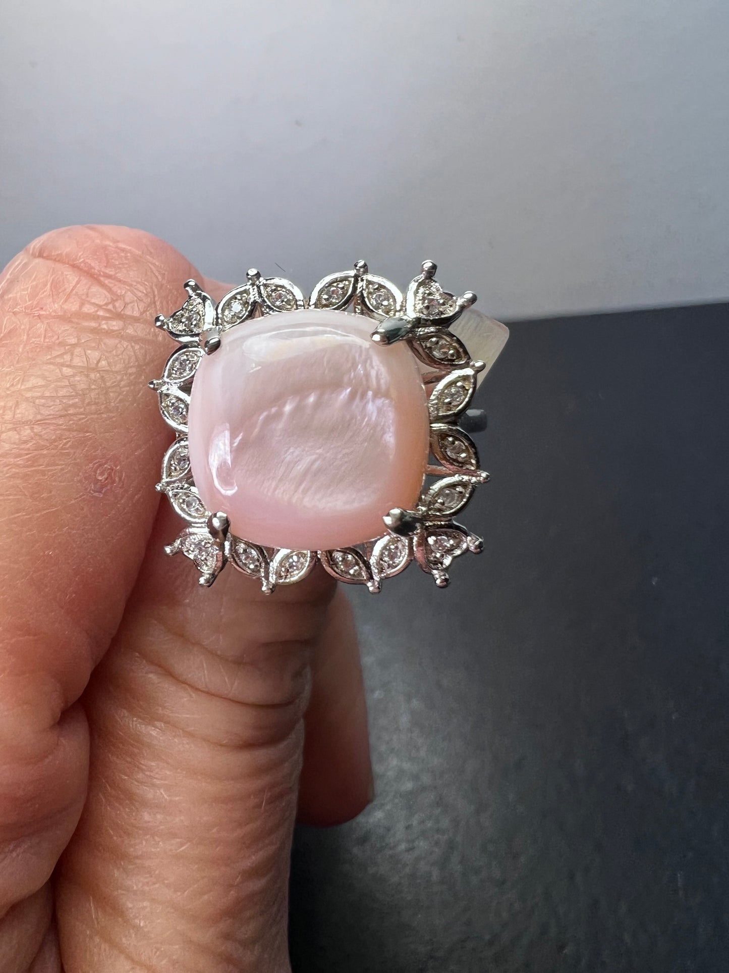 Pink Mother-of-Pearl With White Zircon Rhodium Over Sterling Silver Ring size 8