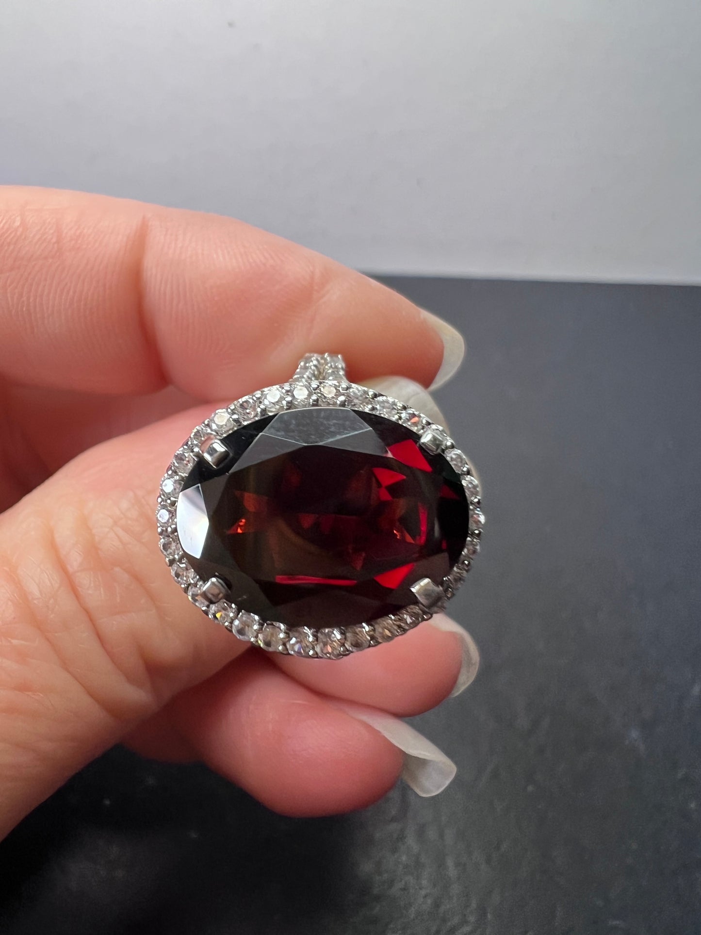 Garnet and zircon sterling silver halo ring size 9