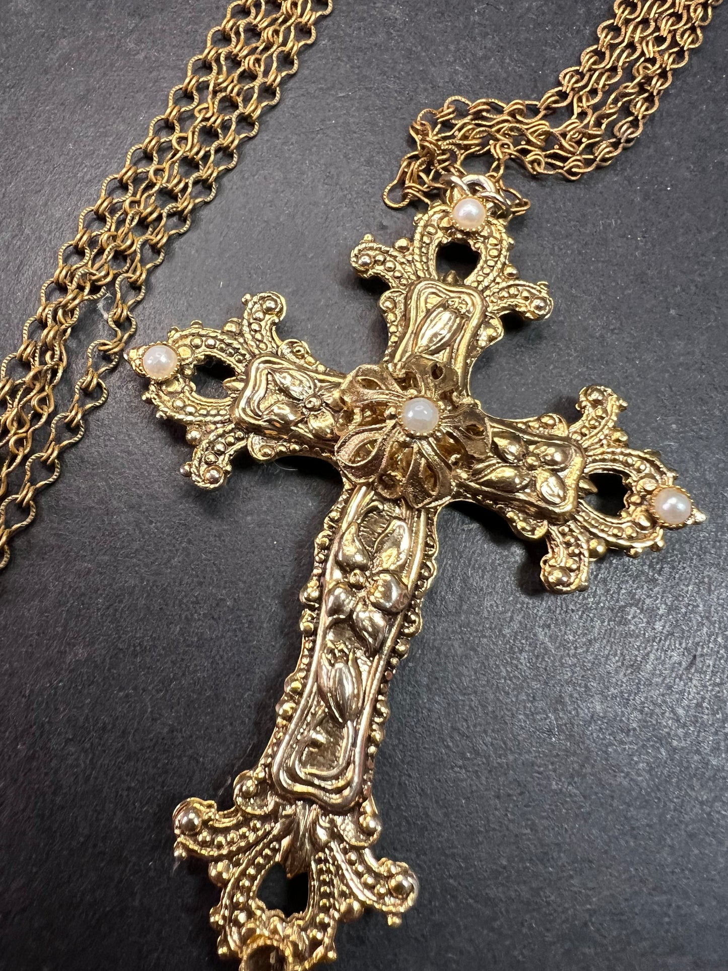 Vintage 1928 Gold Tone Cross Pendant Necklace with Faux Pearls – Long Chain Statement Jewelry
