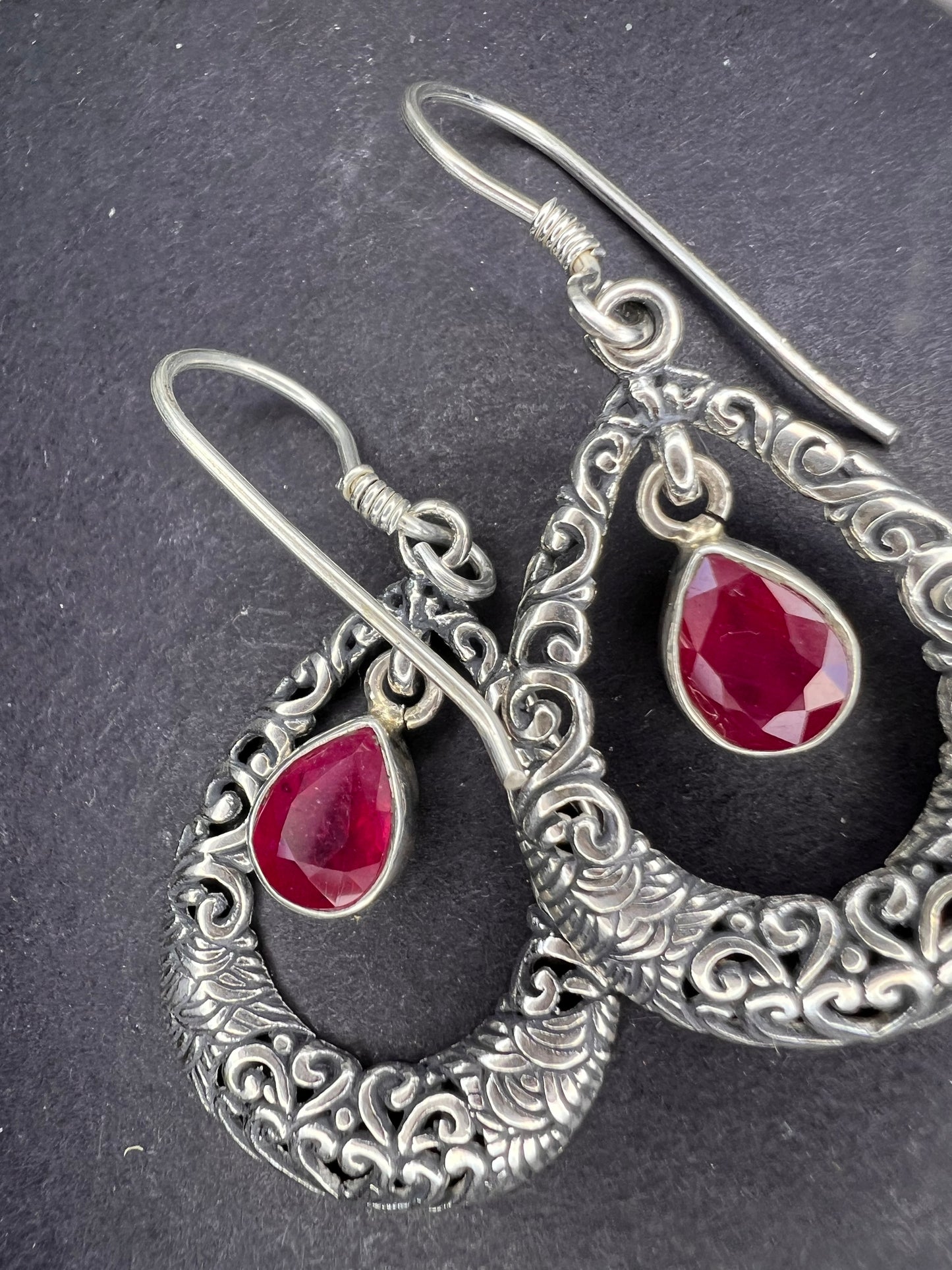 Ruby sterling silver open tear drop earrings