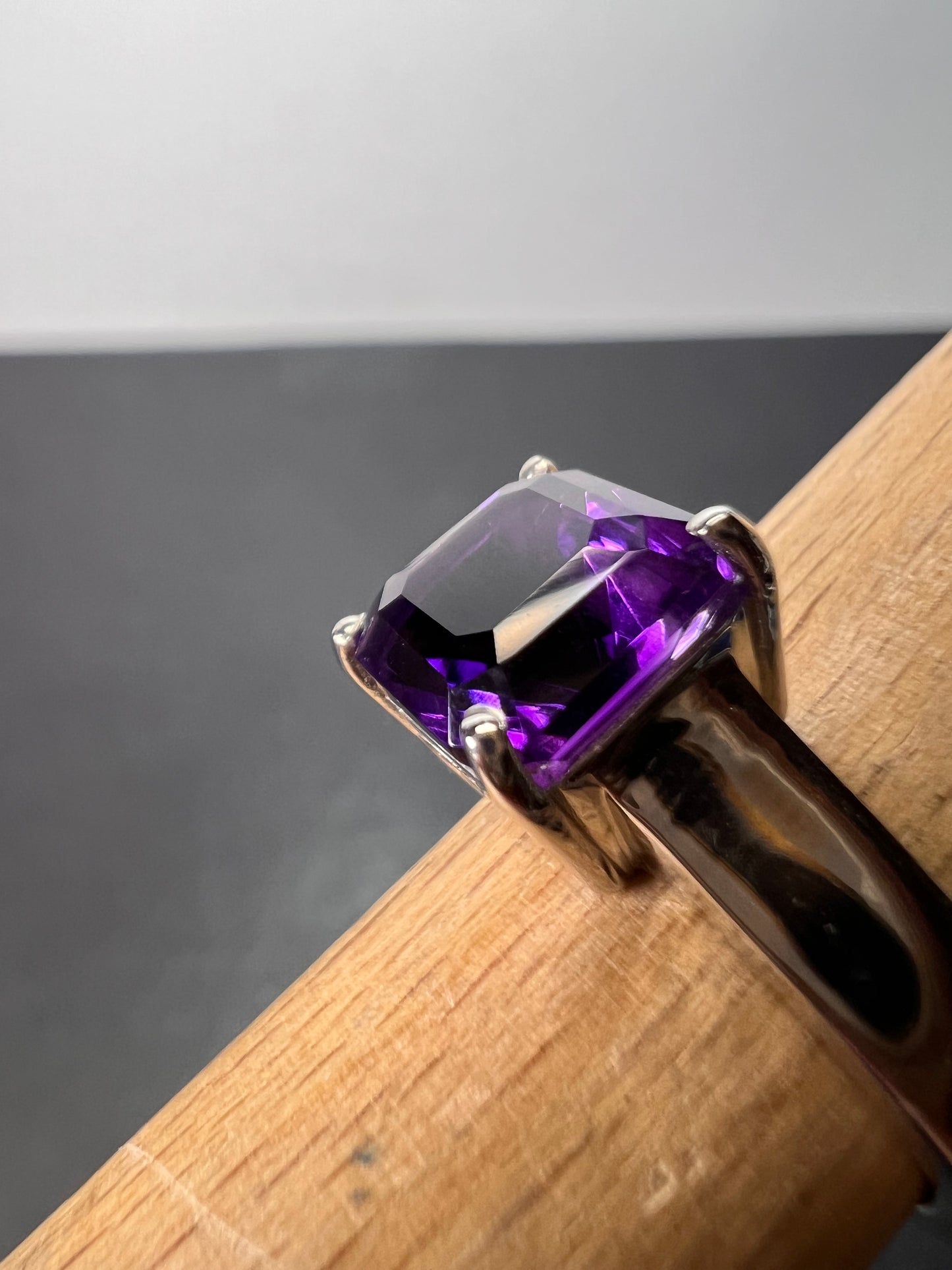 Asscher cut Moroccan amethyst solitaire ring in platinum over sterling silver size 5 *NEW*